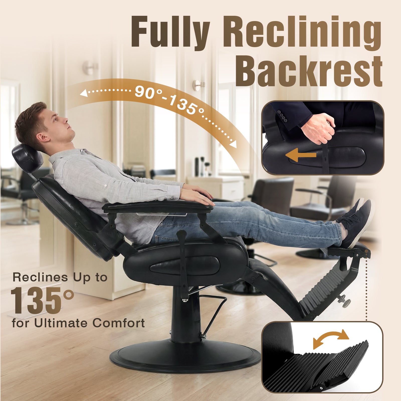 Man reclining in a fully reclining office chair with text highlighting its features.