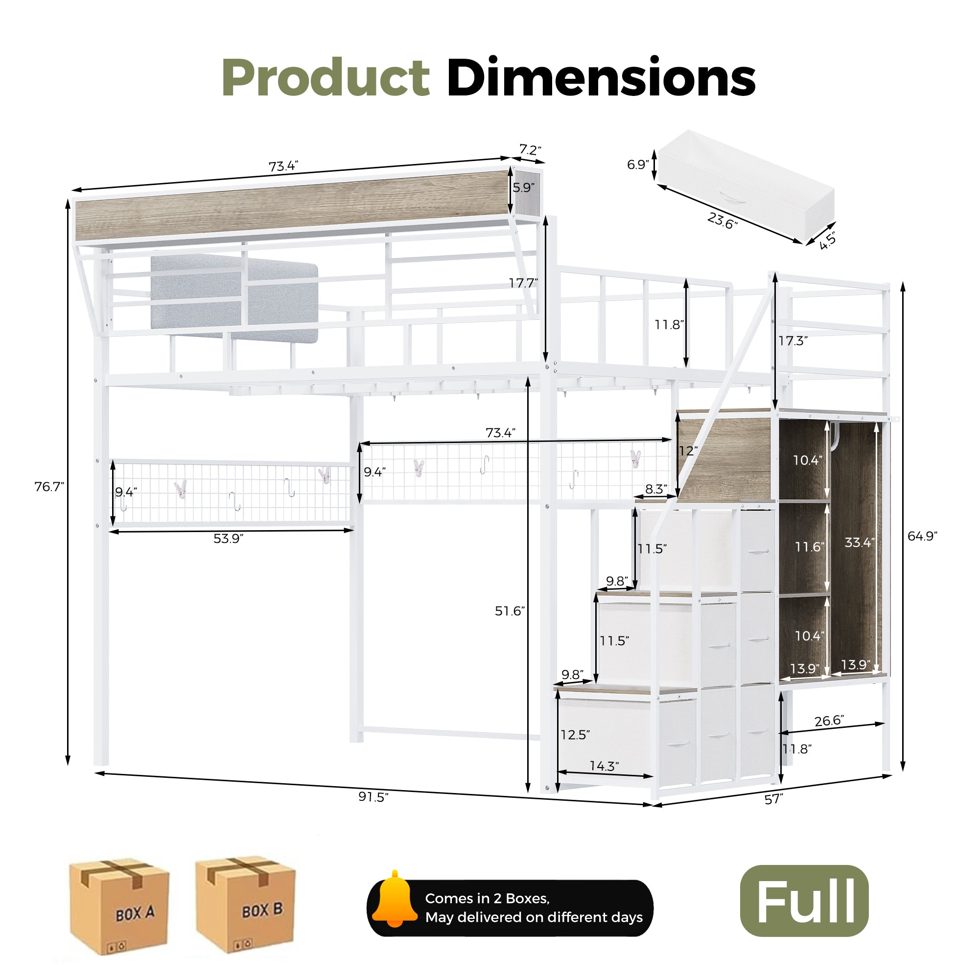 Advwin Loft Bed w/ Stairs, Storage and LED Light
