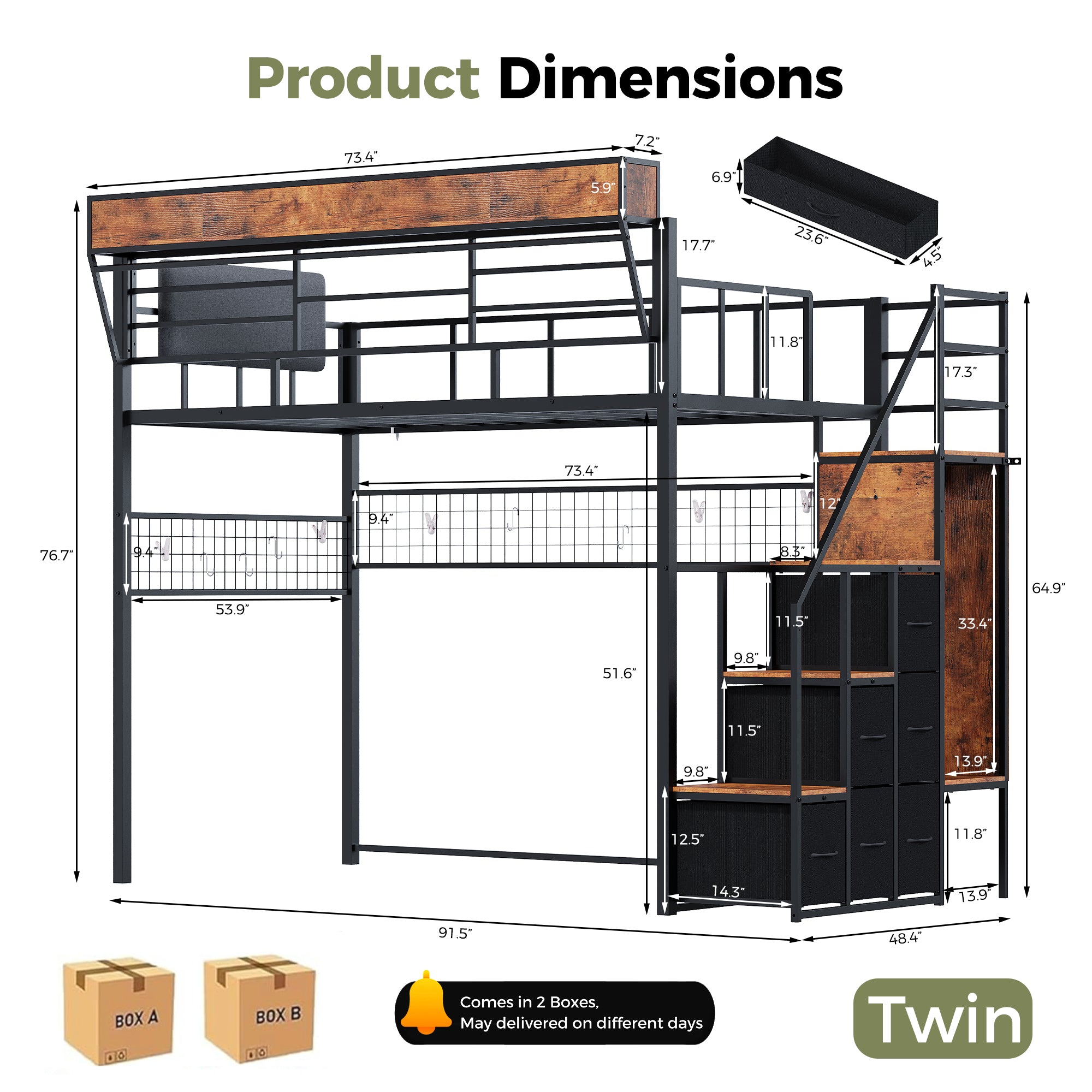 Advwin Loft Bed w/ Stairs, Storage and LED Light