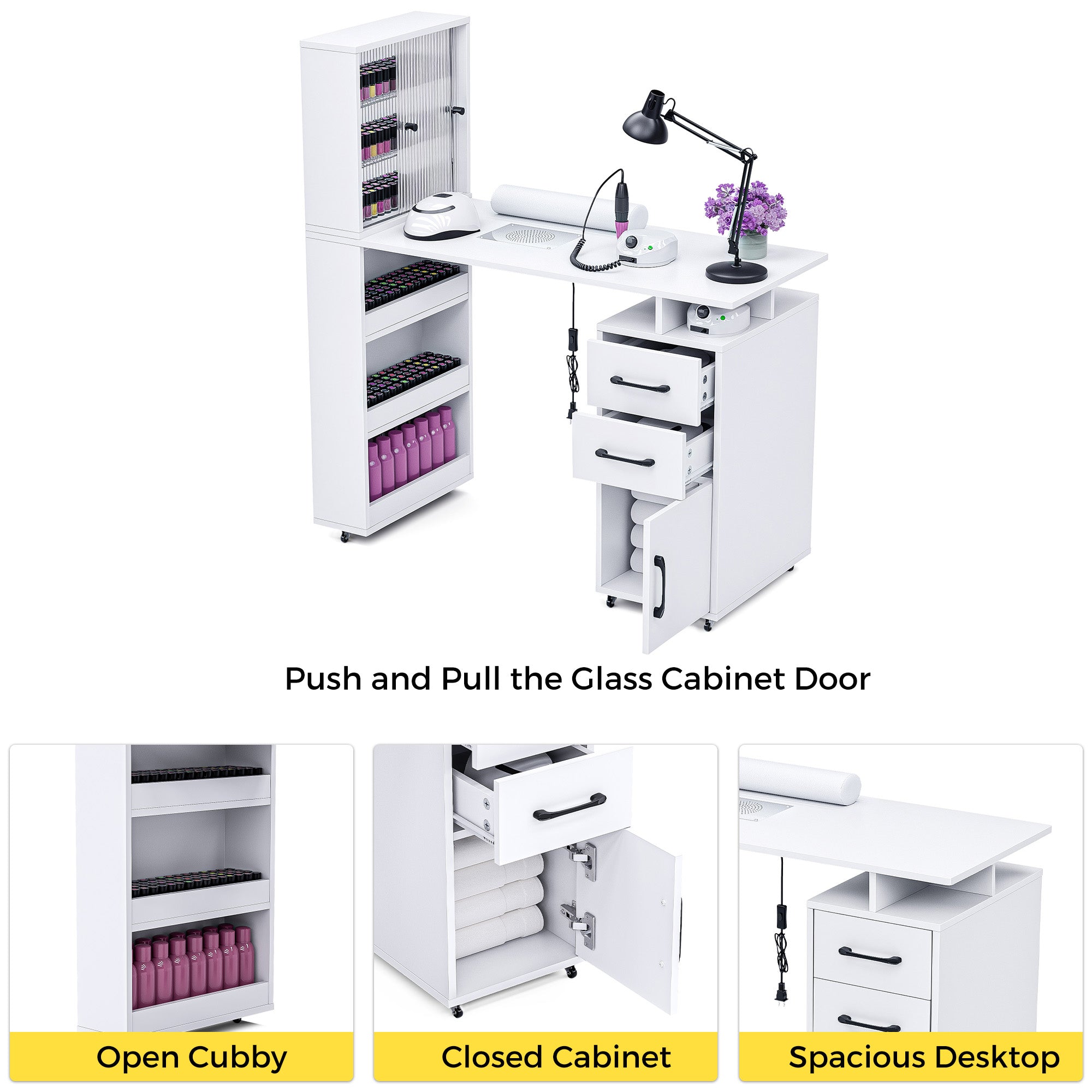 Advwin Manicure Table with Glass Door Cabinets & Wheels