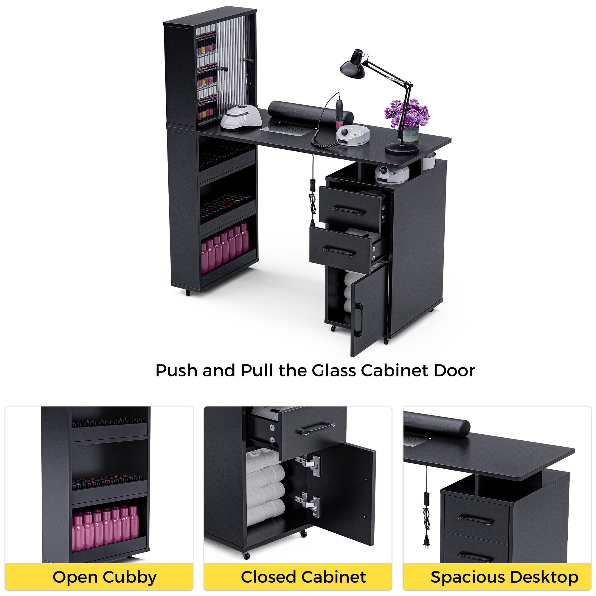 Advwin Manicure Table with Glass Door Cabinets & Wheels