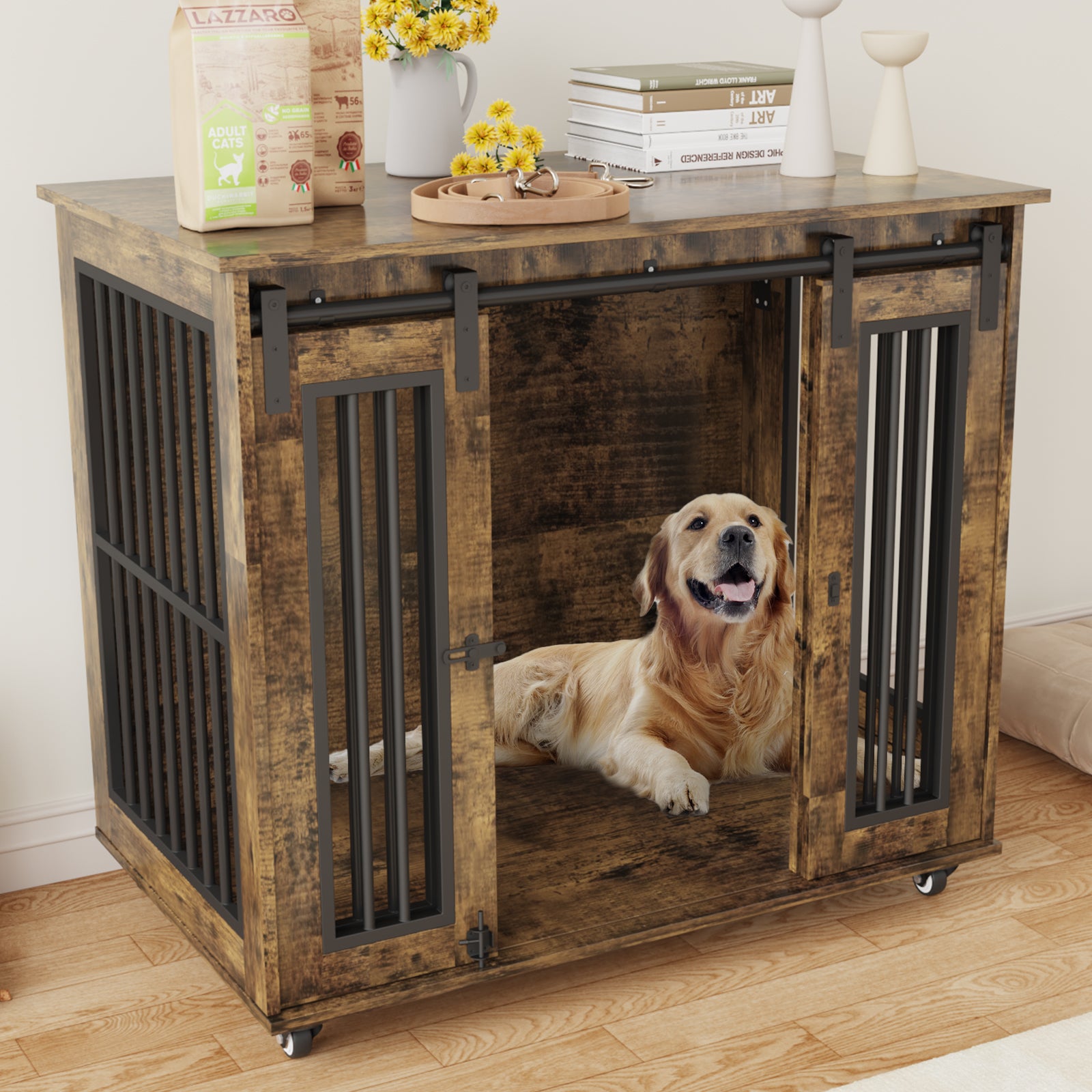 Advwin 38.5" Wood Dog Crate with Wheels