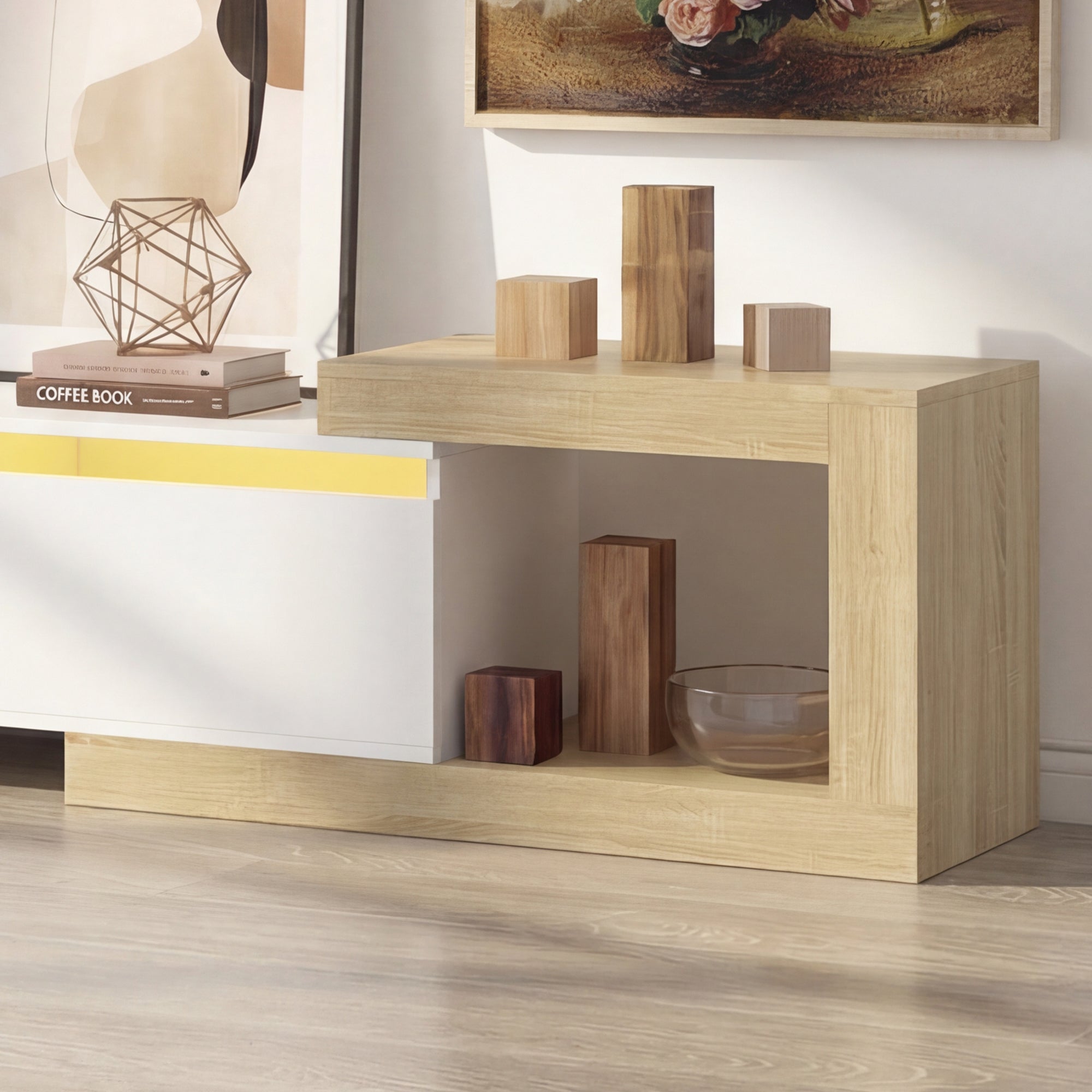 Wooden side table with decorative items in a room setting