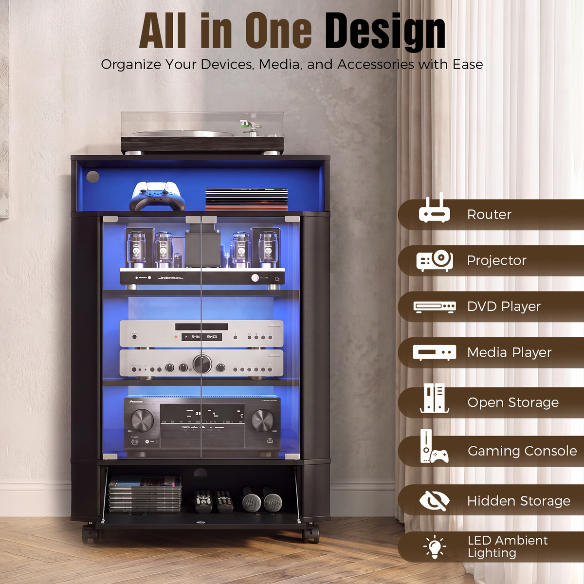 Advwin 6-Tier Media Cabinet with Tempered Glass Door