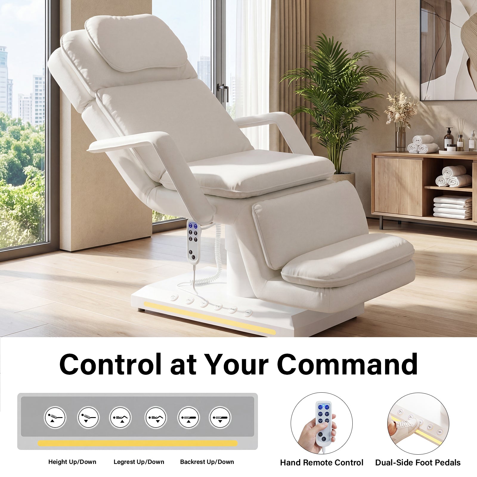 Beige massage chair in a room with large windows and decor elements.