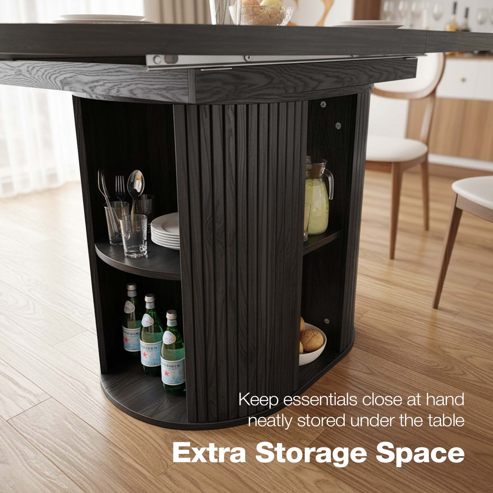 Black dining table with storage shelves in a kitchen setting