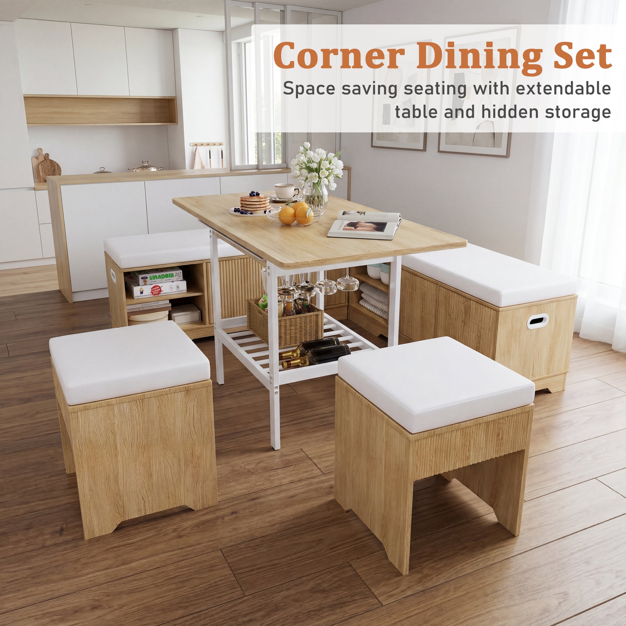 Corner dining set with extendable table and hidden storage in a modern kitchen.