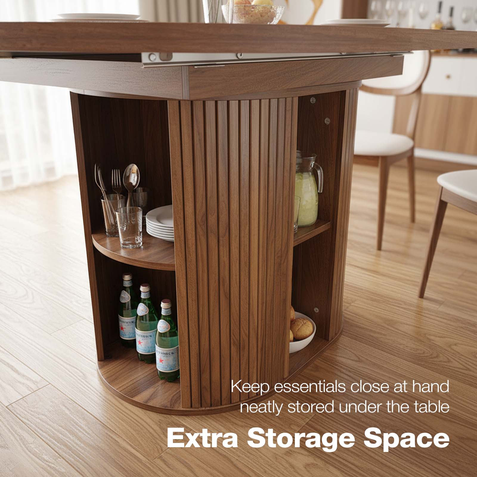 Wooden dining table with storage shelves underneath, displaying bottles and glasses.