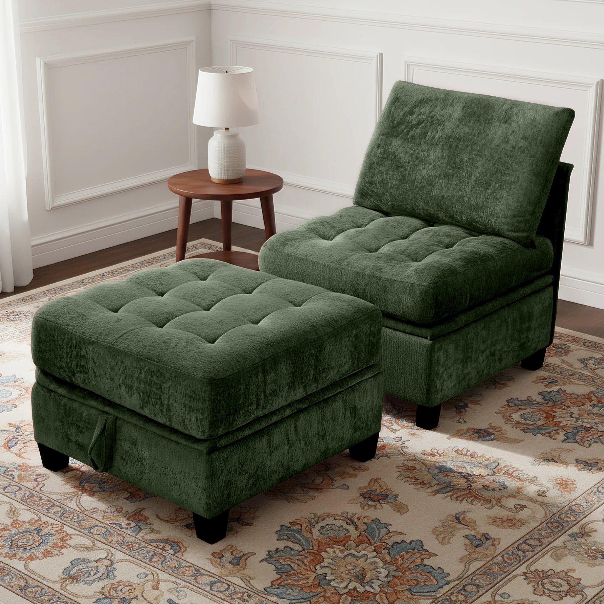 Green upholstered chair and ottoman set in a room with a lamp and decorative rug.