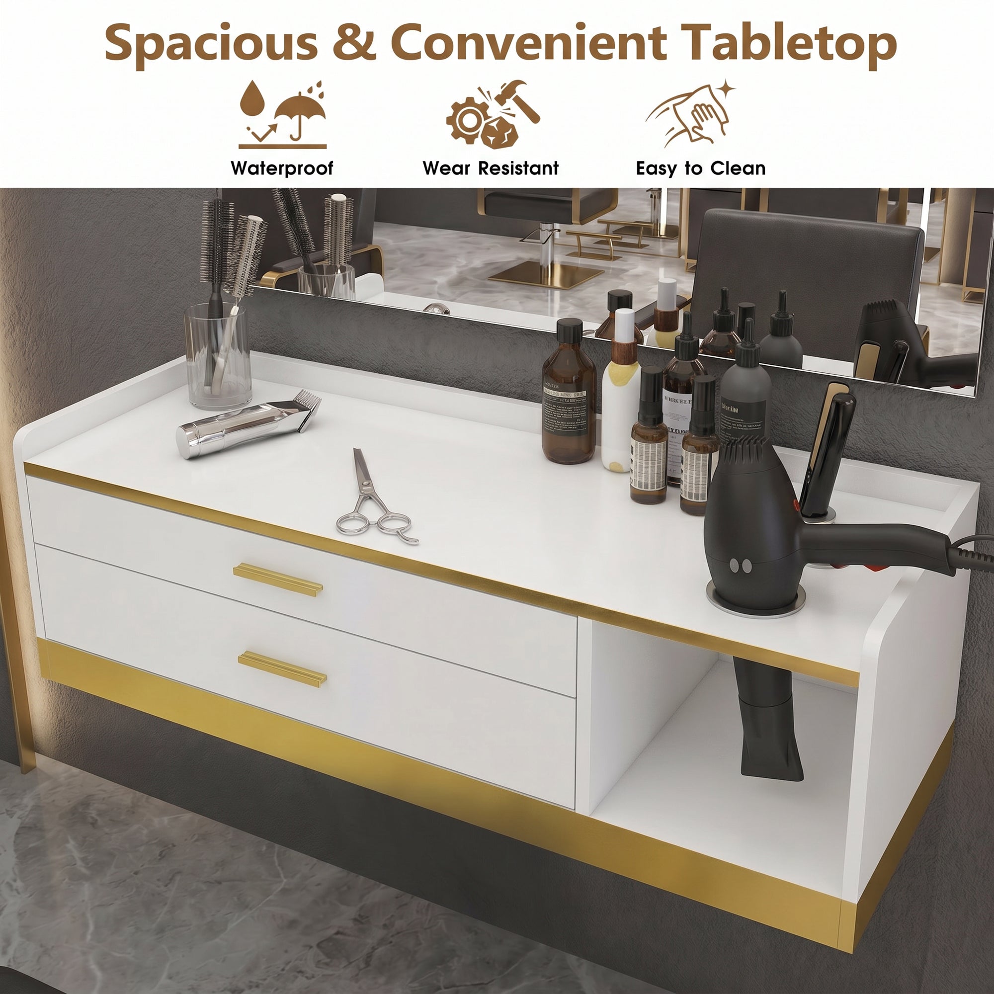 Advwin Wall Mount Barber Desk w/ Gold Accent