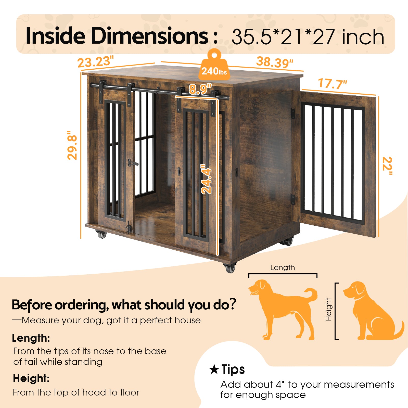 Advwin 38.5" Wood Dog Crate with Wheels