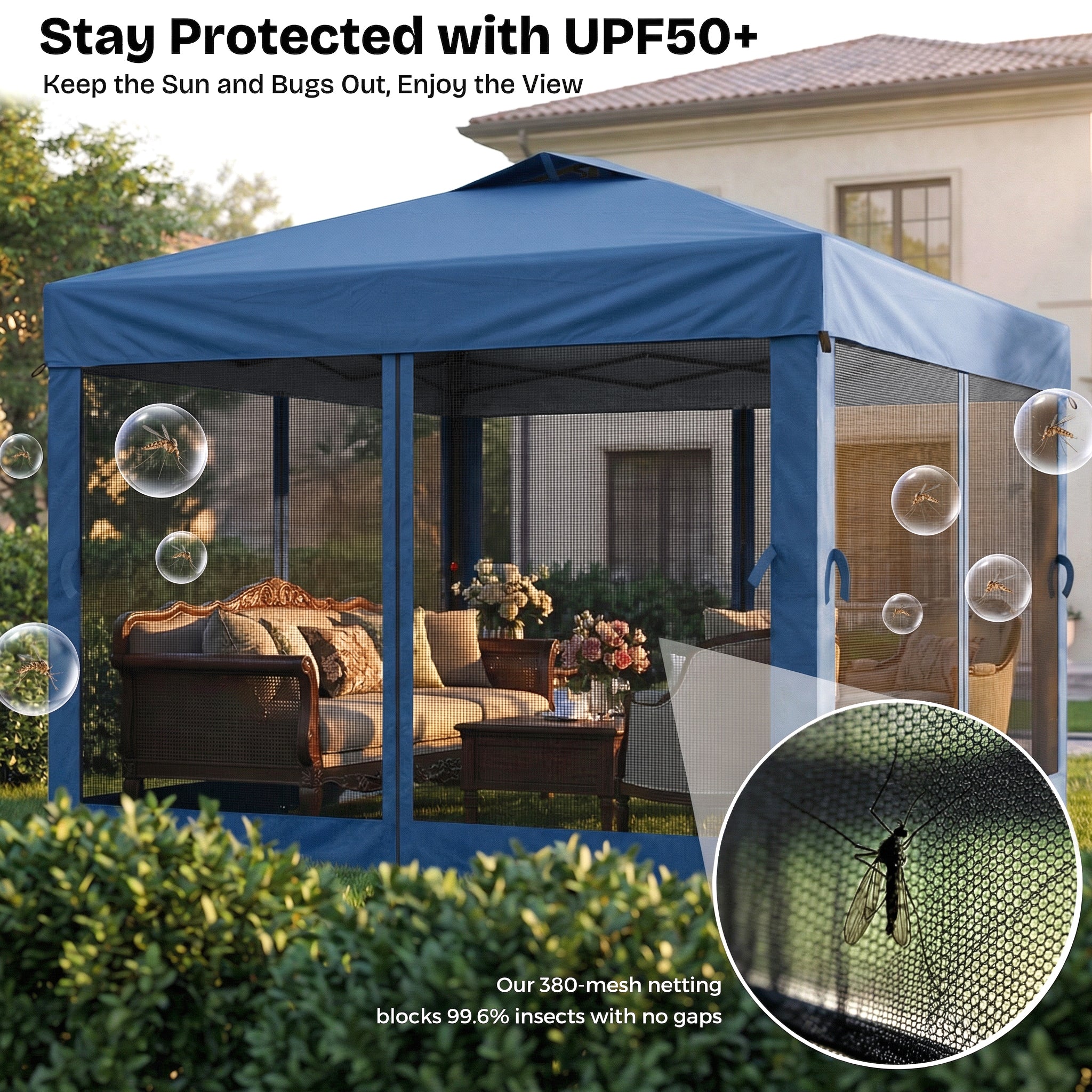 Blue outdoor canopy with screen walls, furniture underneath, and text about UPF50+ protection.