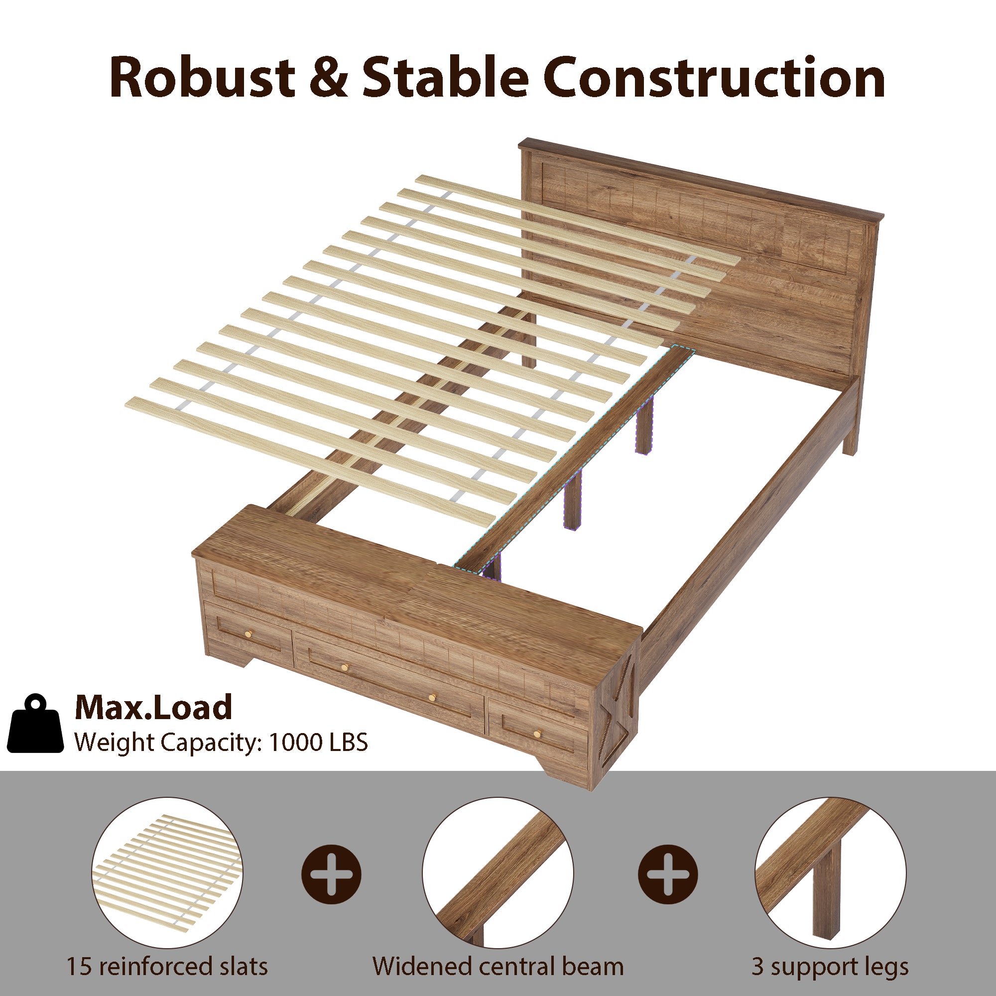Advwin Queen Farmhouse Bed w/ Headboard & Storage Bench