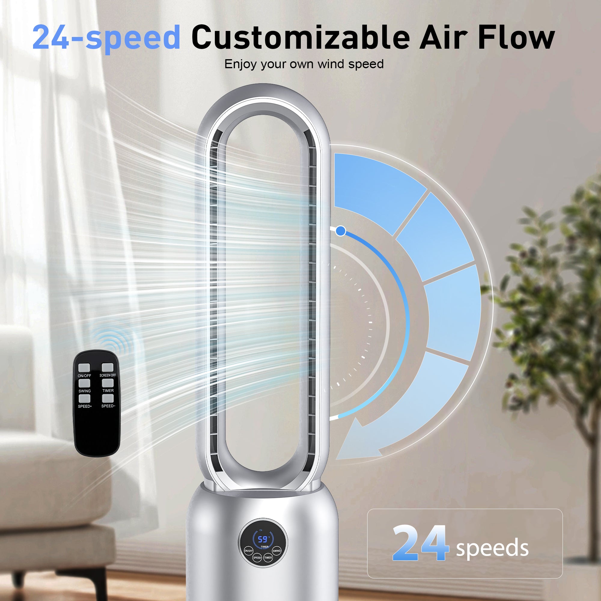 Tall silver fan with customizable air flow in a room setting