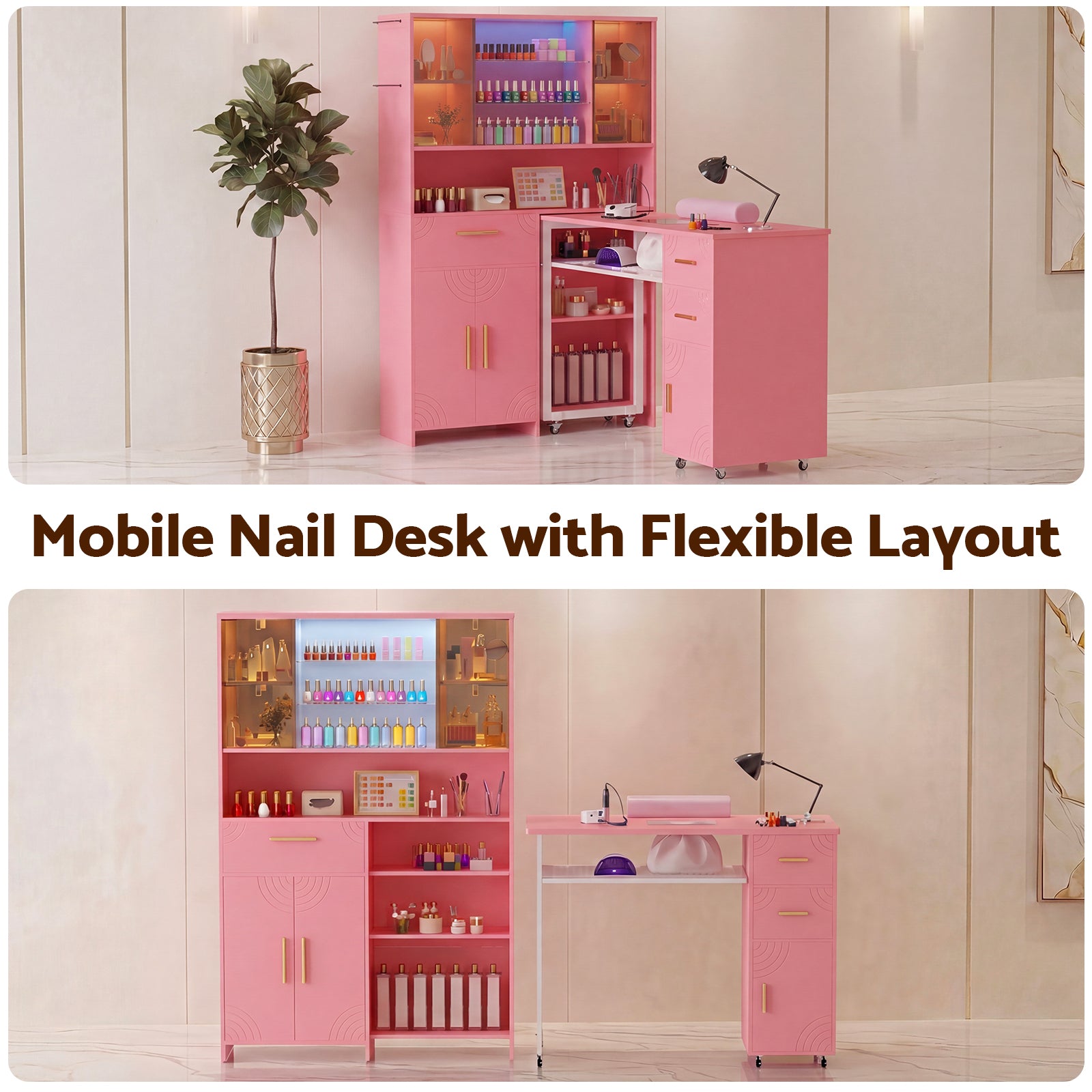 Advwin Nail Table w/ Double Tabletop & 3 Adjustable Shelves