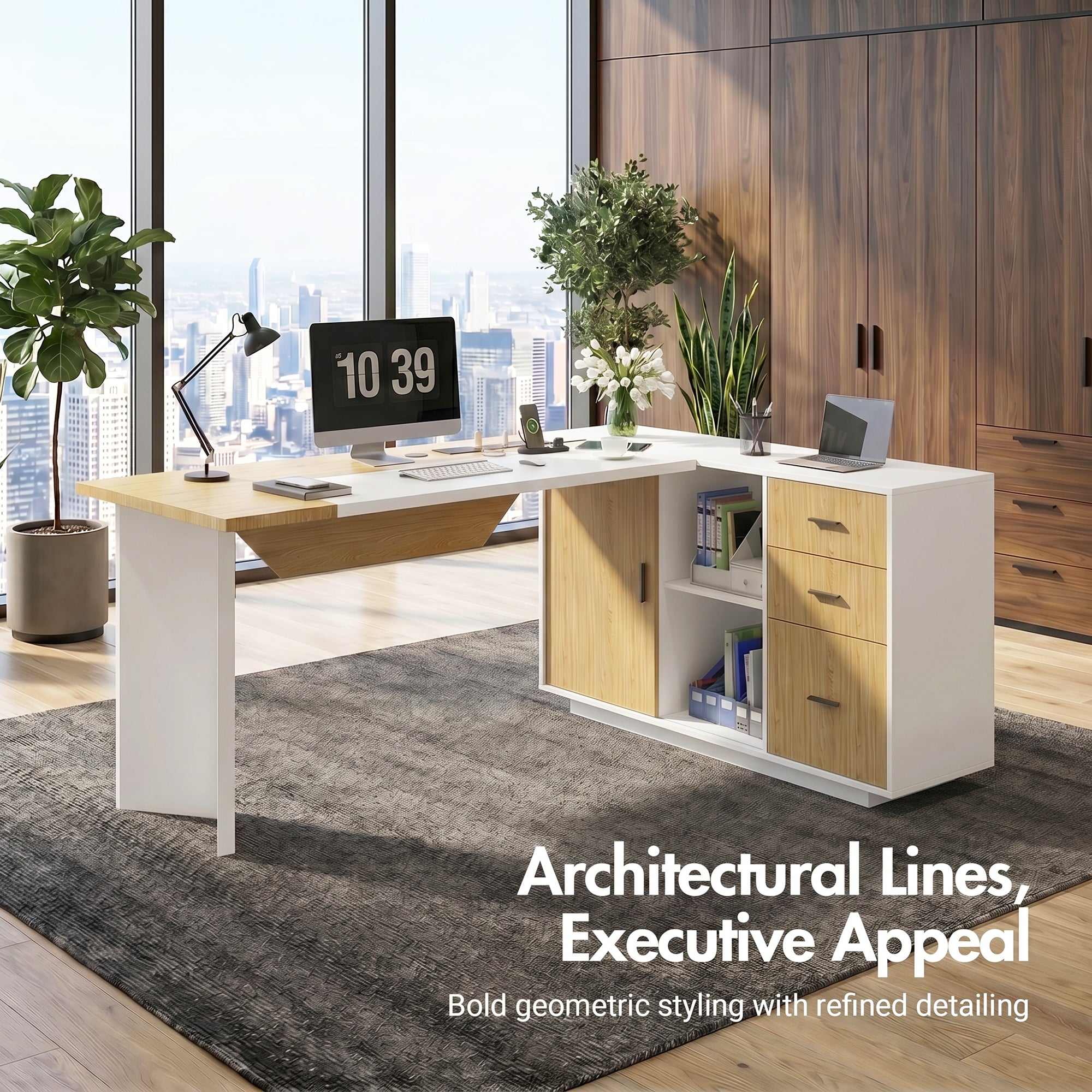 Advwin L-Shaped Executive Desk w/ Glass Display Cabinet