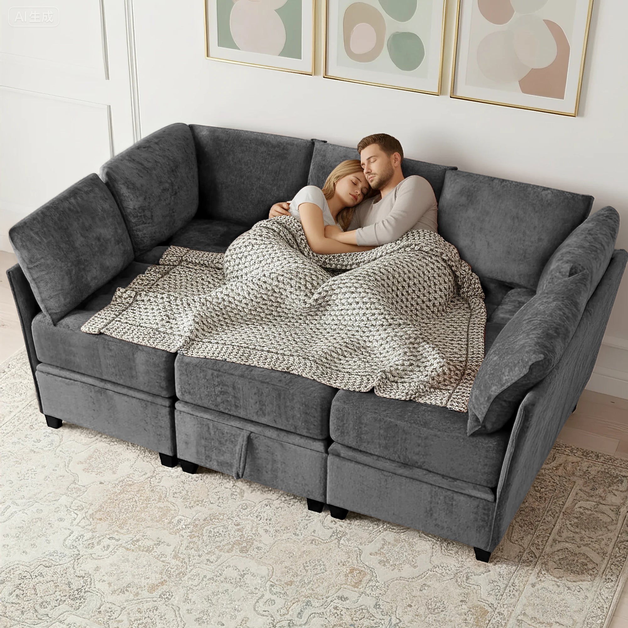 Couple cuddling under a blanket on a sectional sofa in a living room.