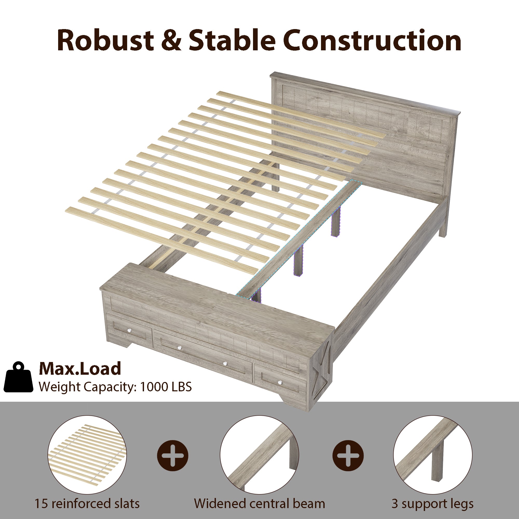 Advwin Queen Farmhouse Bed w/ Headboard & Storage Bench