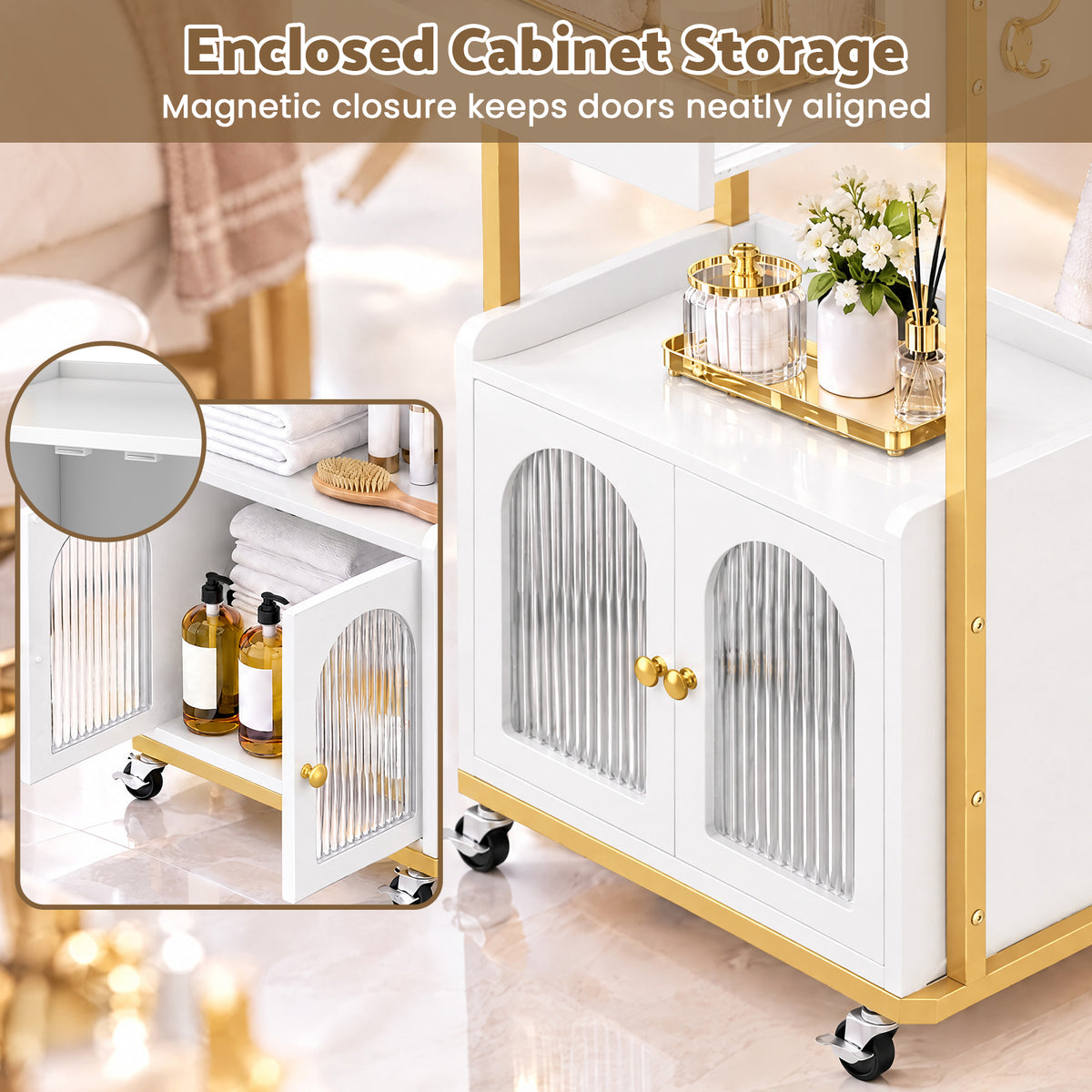 Advwin Rolling Salon Cart with Glass Door Cabinet
