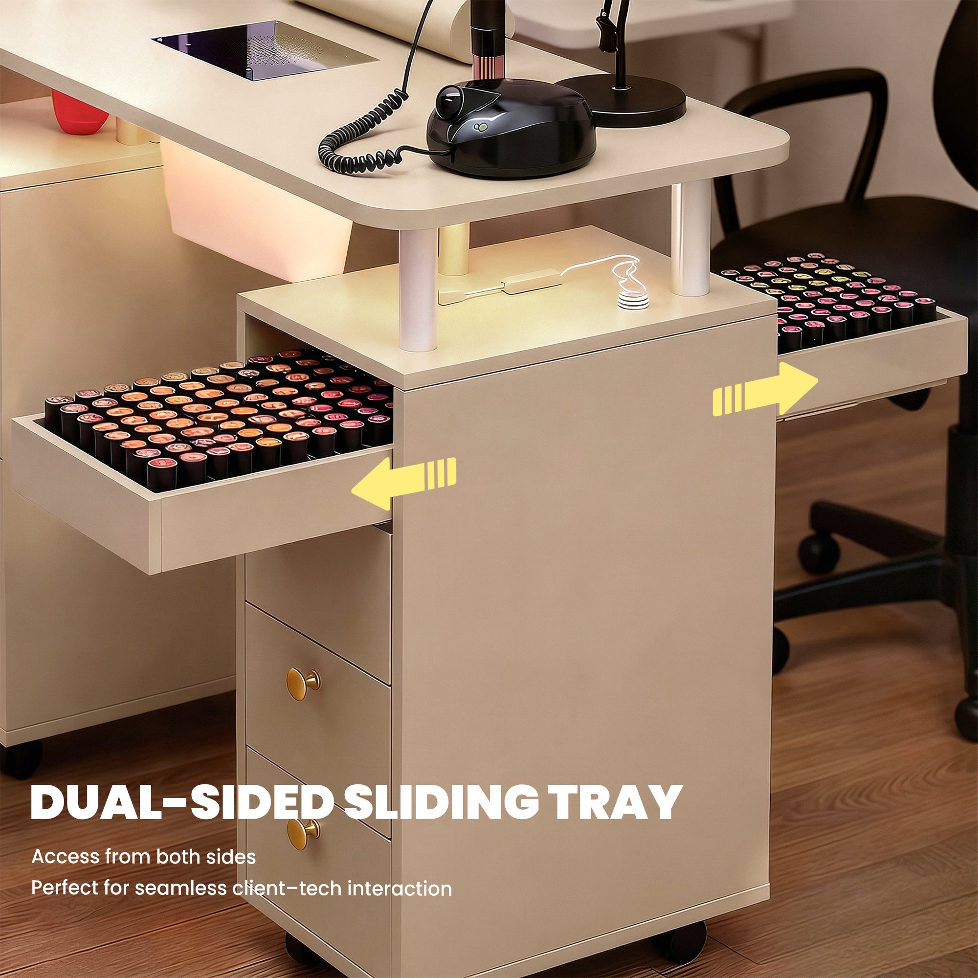 Advwin Nail Table w/ Dust Collector & Lockable Wheels Gold