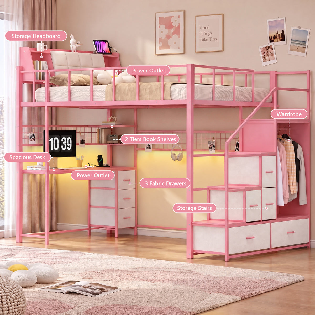 Advwin Loft Bed with Storage Headboard & Power Outlets