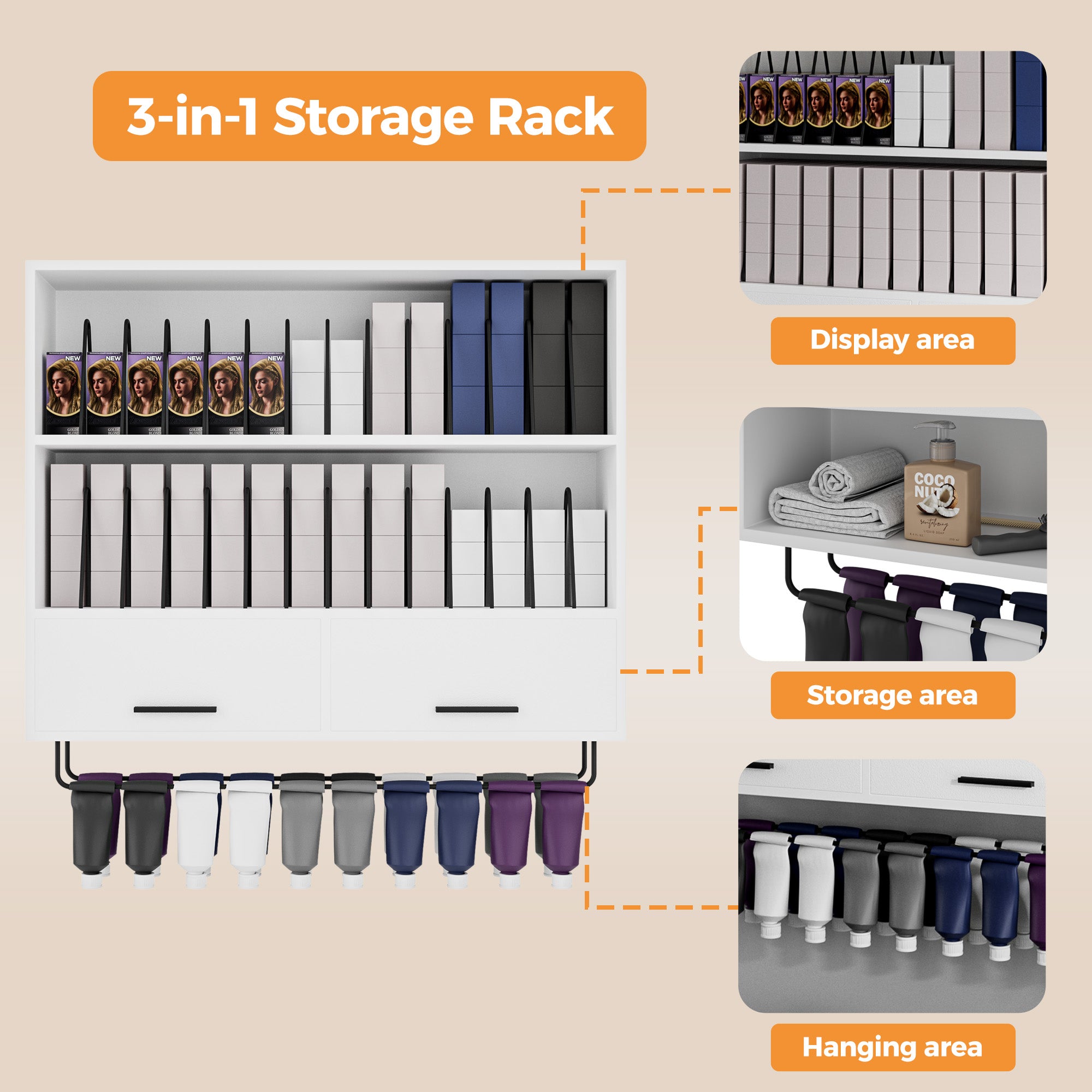 3-in-1 storage rack with display, storage, and hanging areas on a beige background.