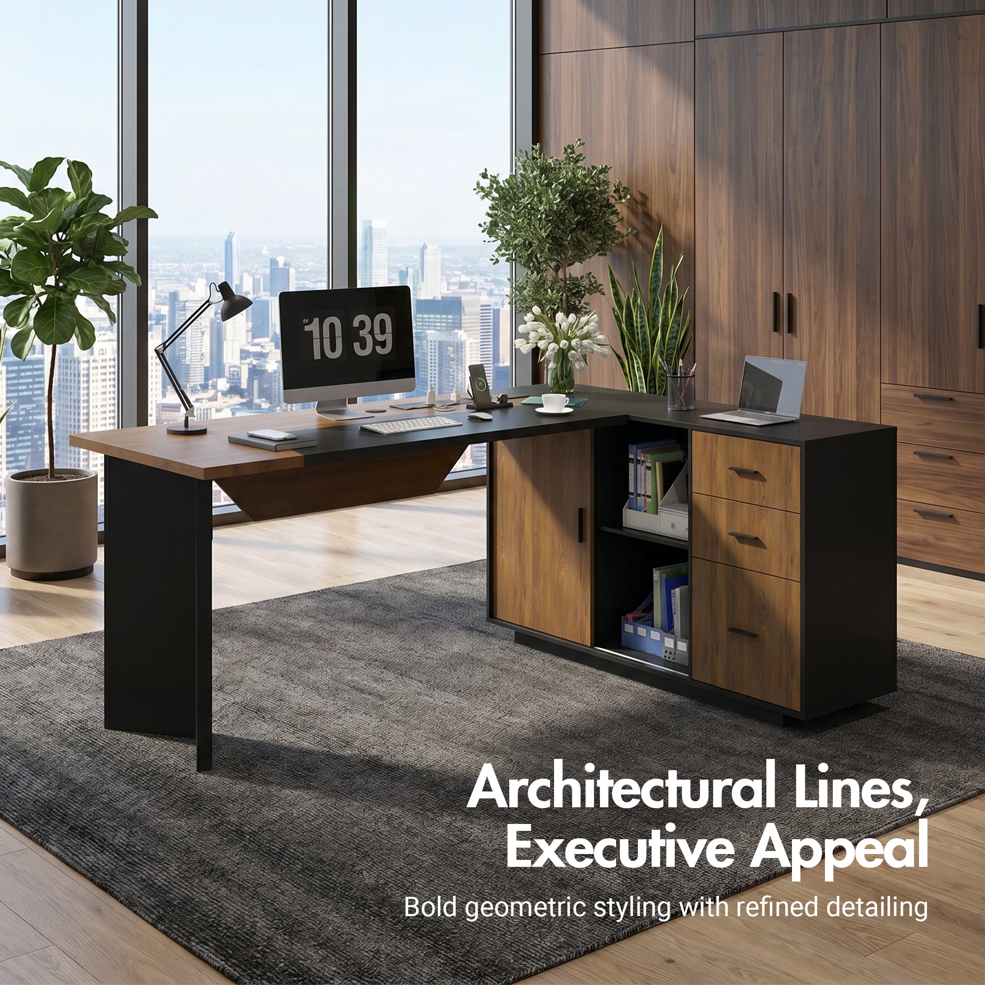 Advwin L-Shaped Executive Desk w/ Glass Display Cabinet