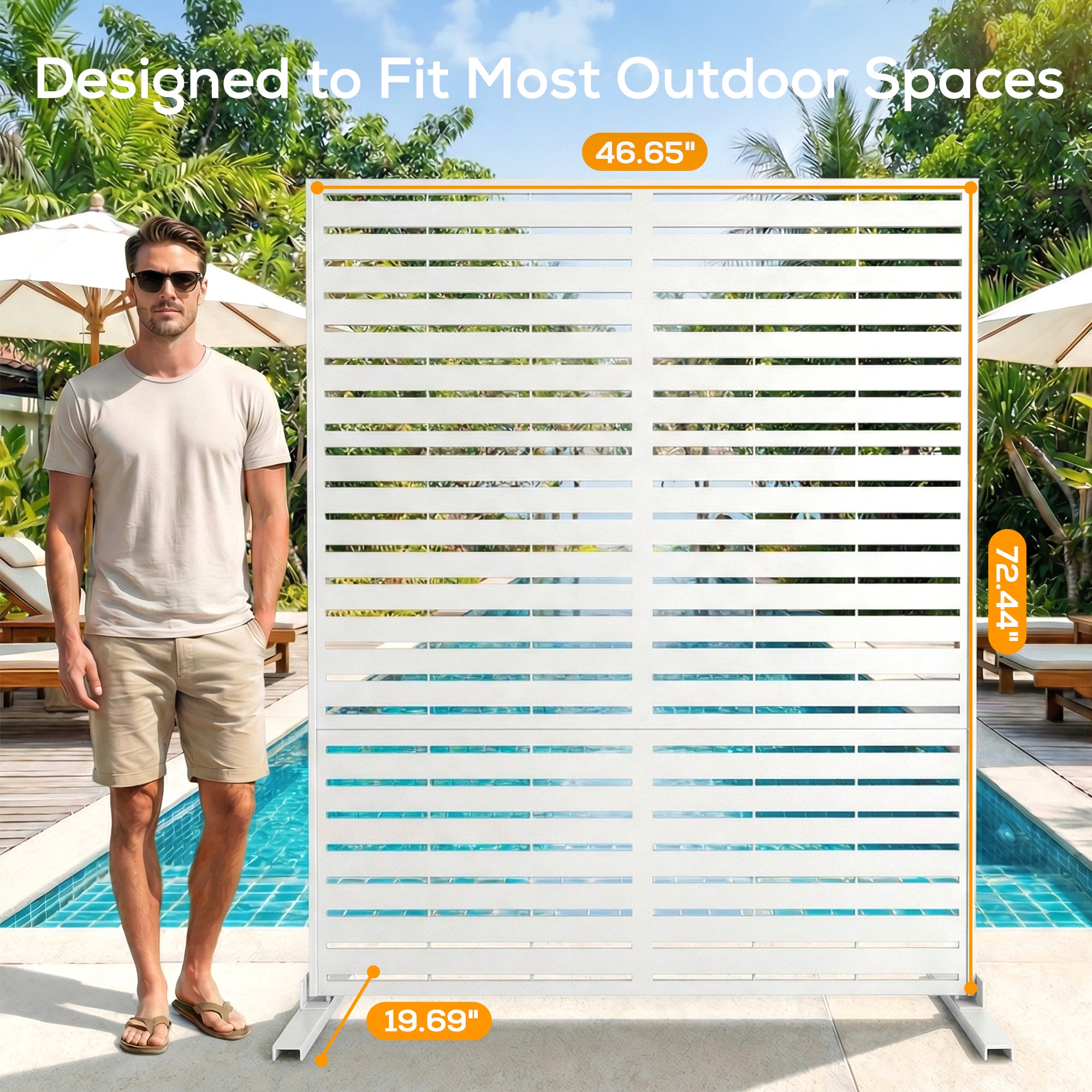 Man standing next to a portable outdoor privacy screen with dimensions displayed, set against a poolside background.