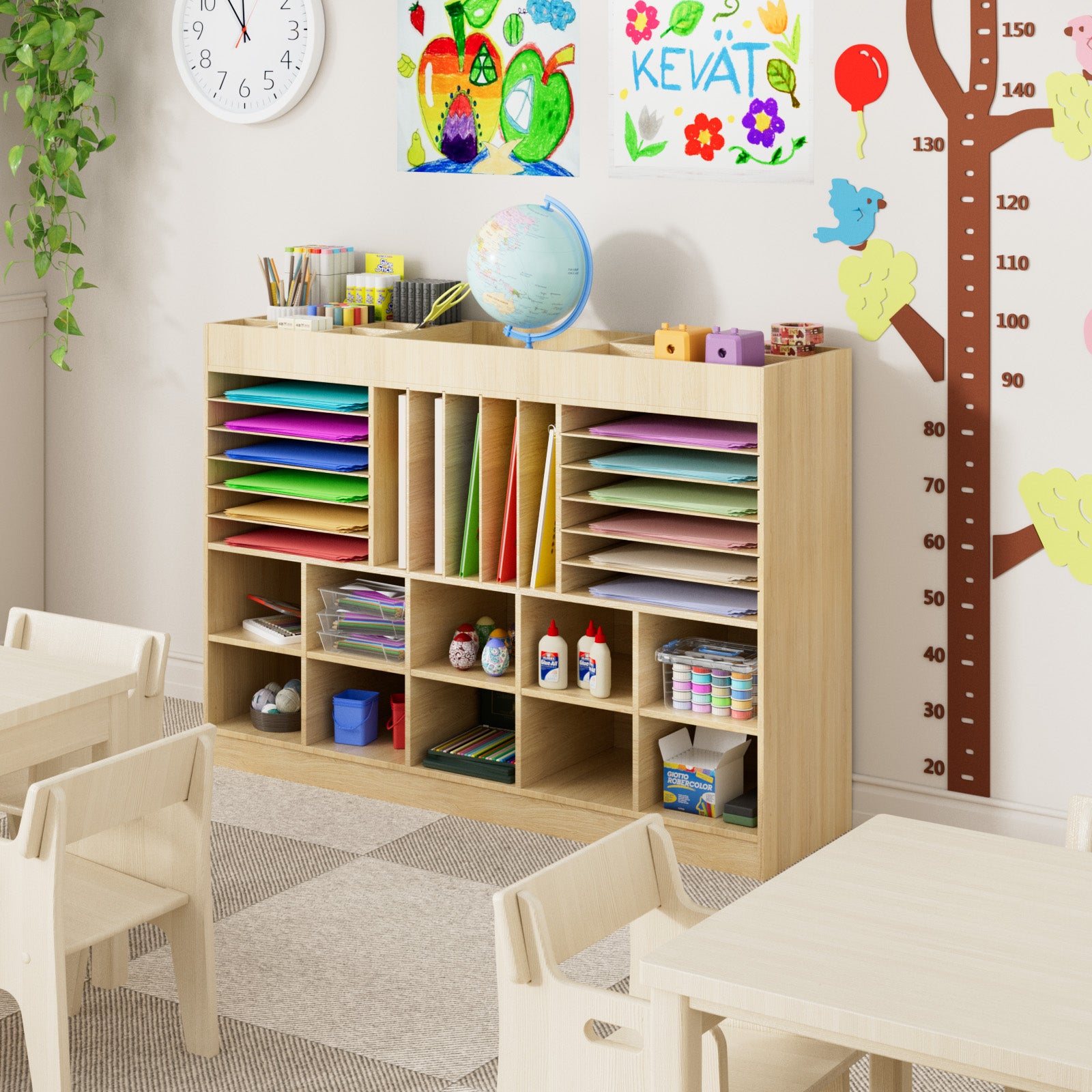 Children's classroom with wooden shelves, tables, chairs, and educational decor.