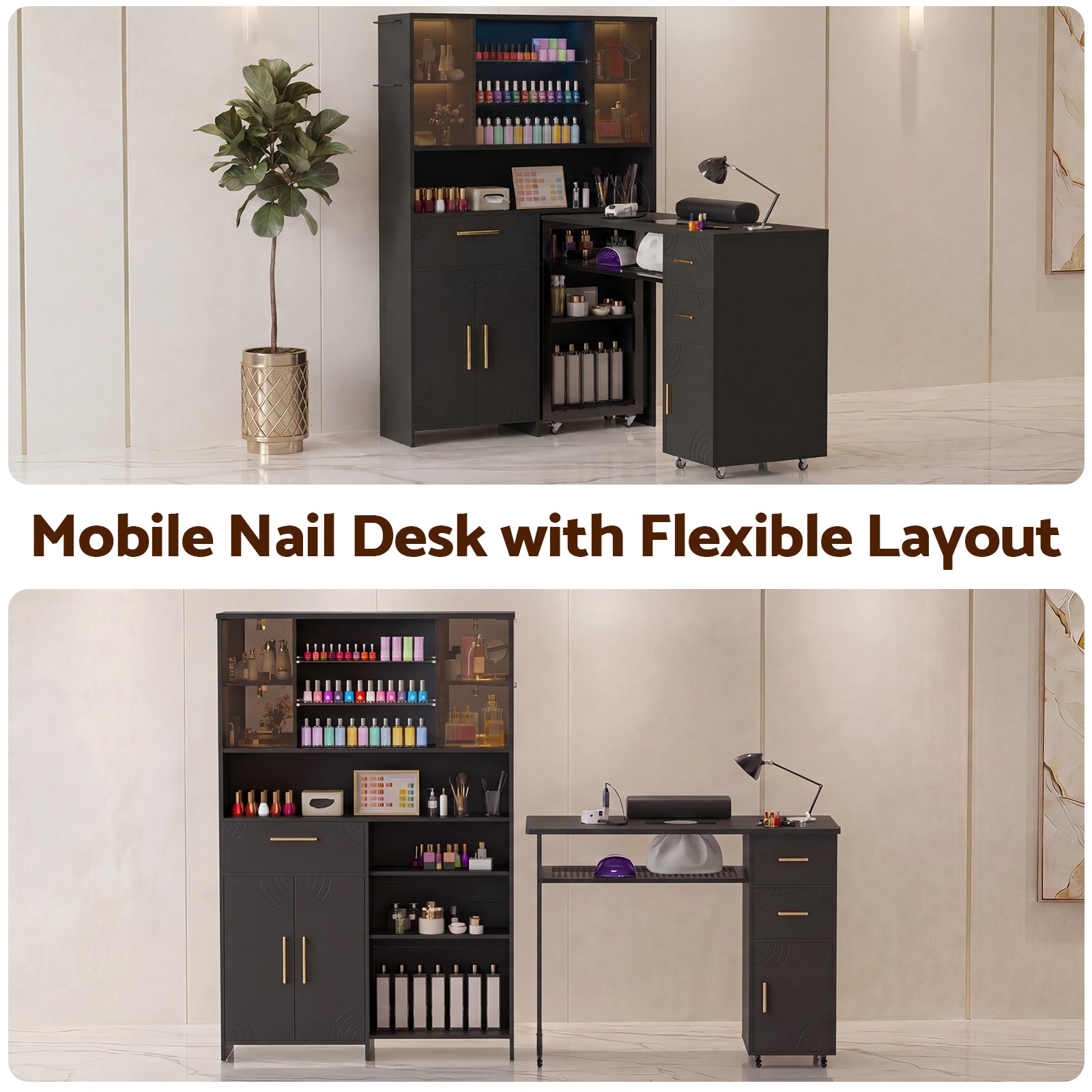 Advwin Nail Table w/ Double Tabletop & 3 Adjustable Shelves