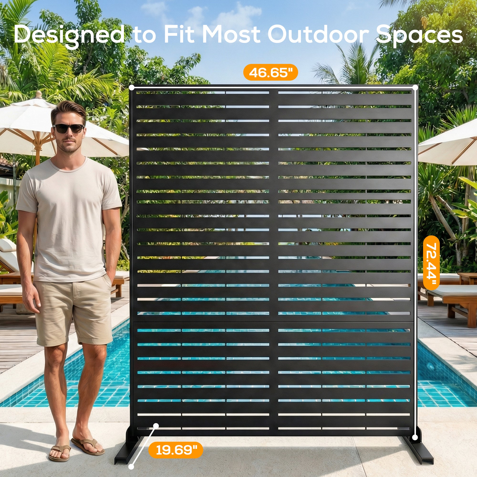 Man standing next to a tall outdoor privacy screen with dimensions displayed, set against a poolside background.