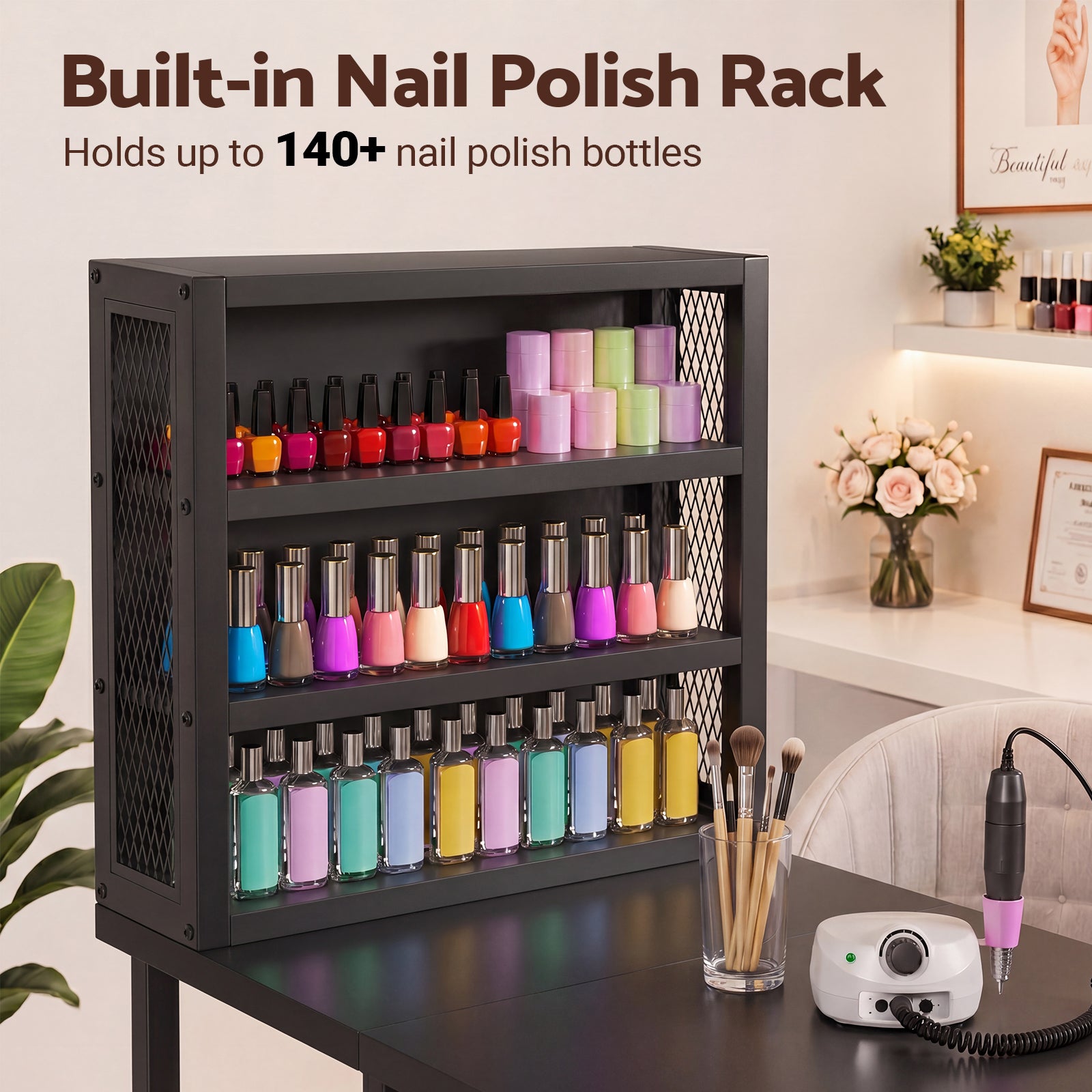 Advwin Double Tabletop Nail Desk w/ 3-Tier Storage Rack