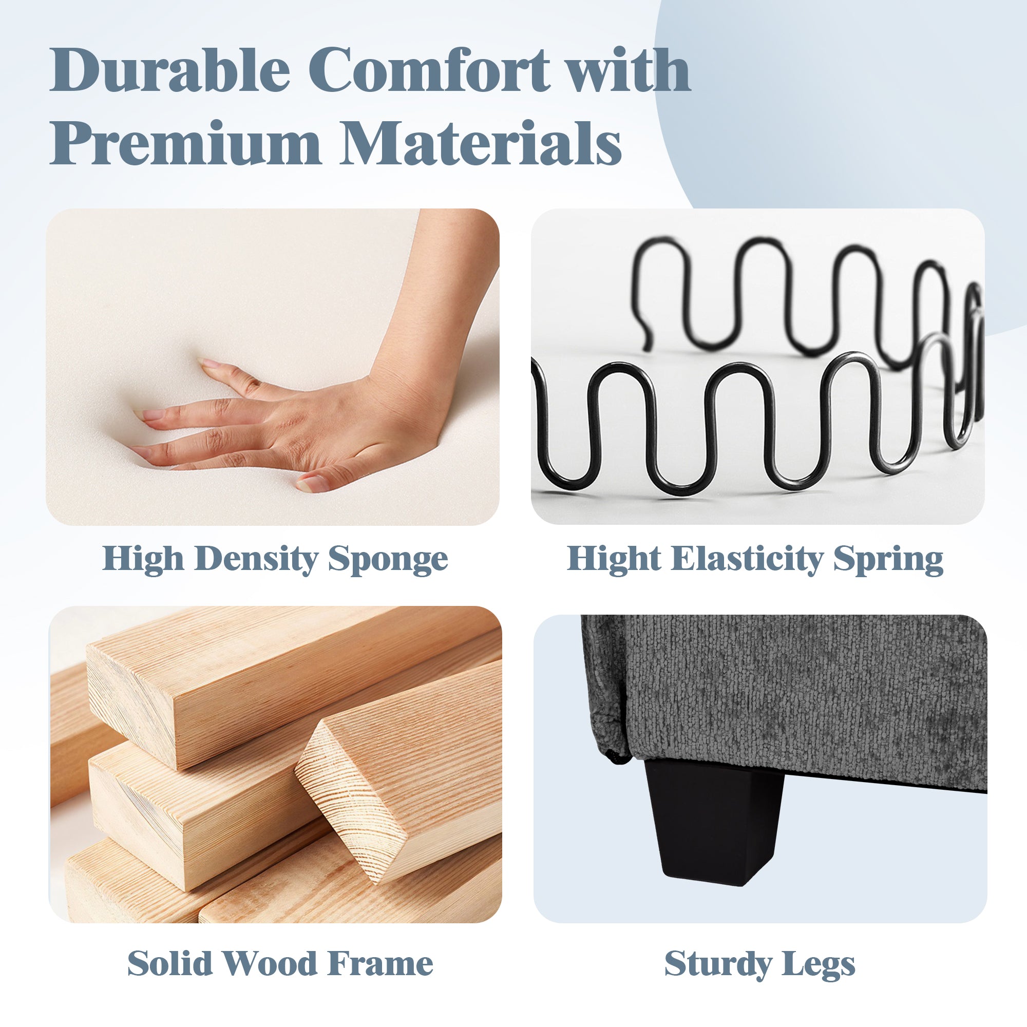 Product features including high density sponge, high elasticity spring, solid wood frame, and sturdy legs with text 'Durable Comfort with Premium Materials'.