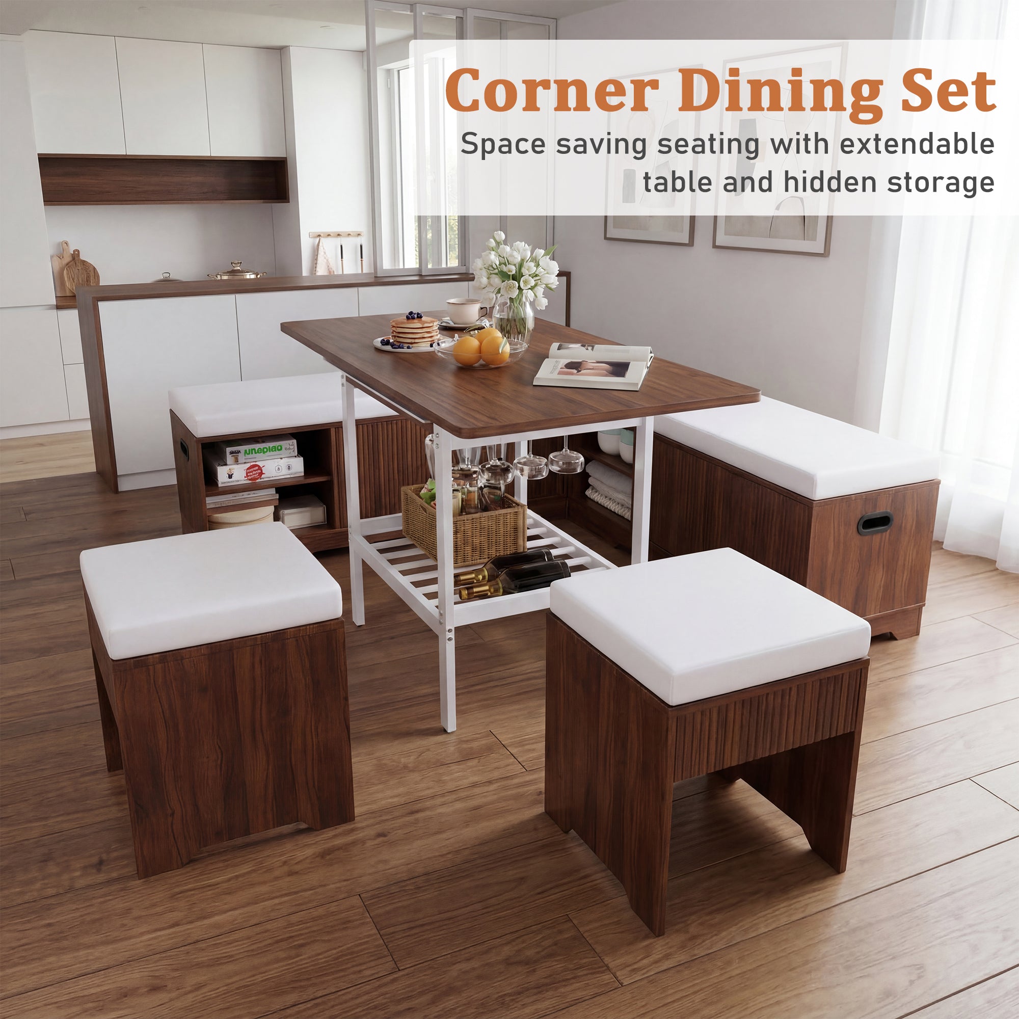 Corner dining set with extendable table and hidden storage in a modern kitchen.
