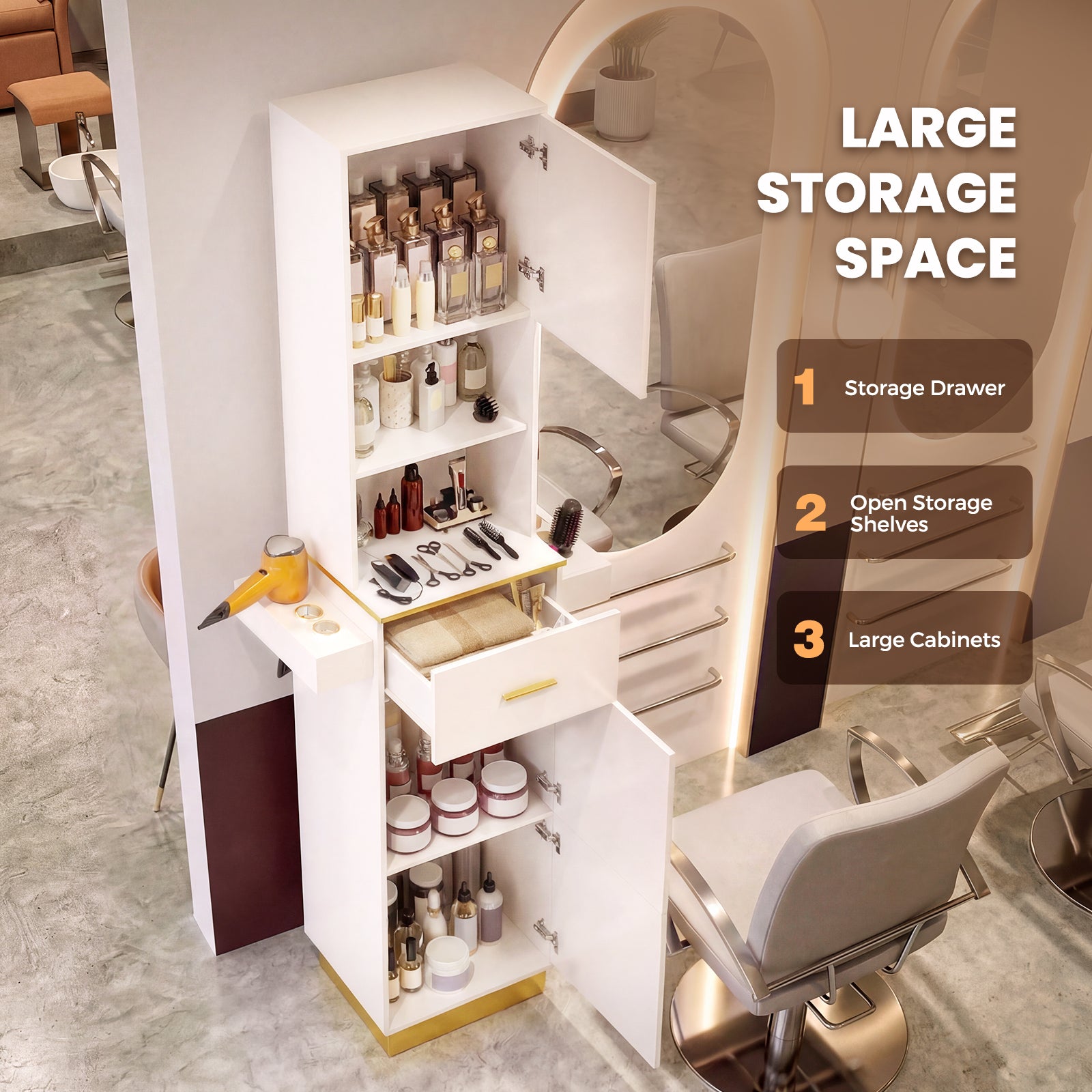 Hair salon station with storage shelves and chairs, highlighting large storage space features.