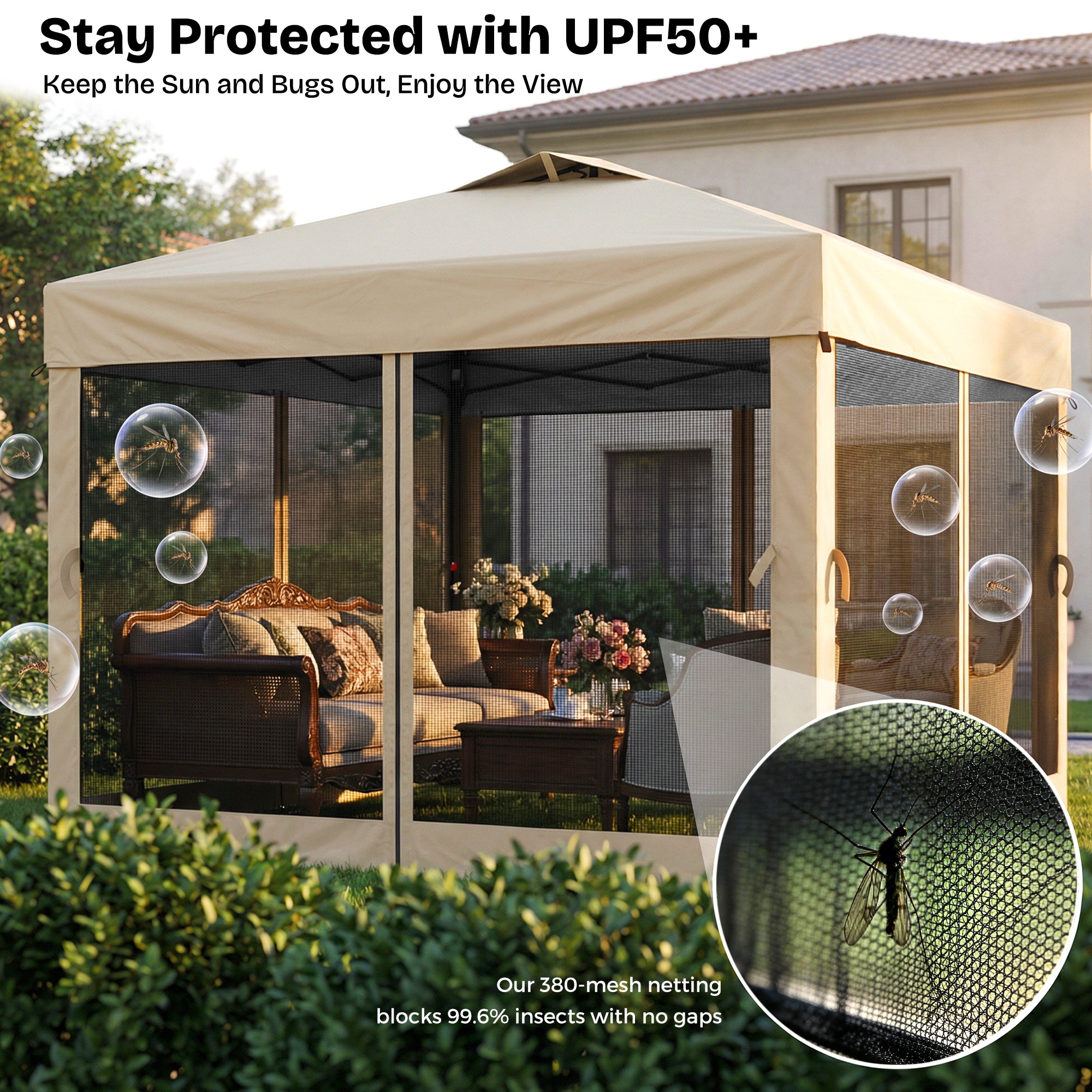 Beige outdoor canopy with 360-mesh netting in a garden setting, featuring text about UPF50+ protection and insect blocking.