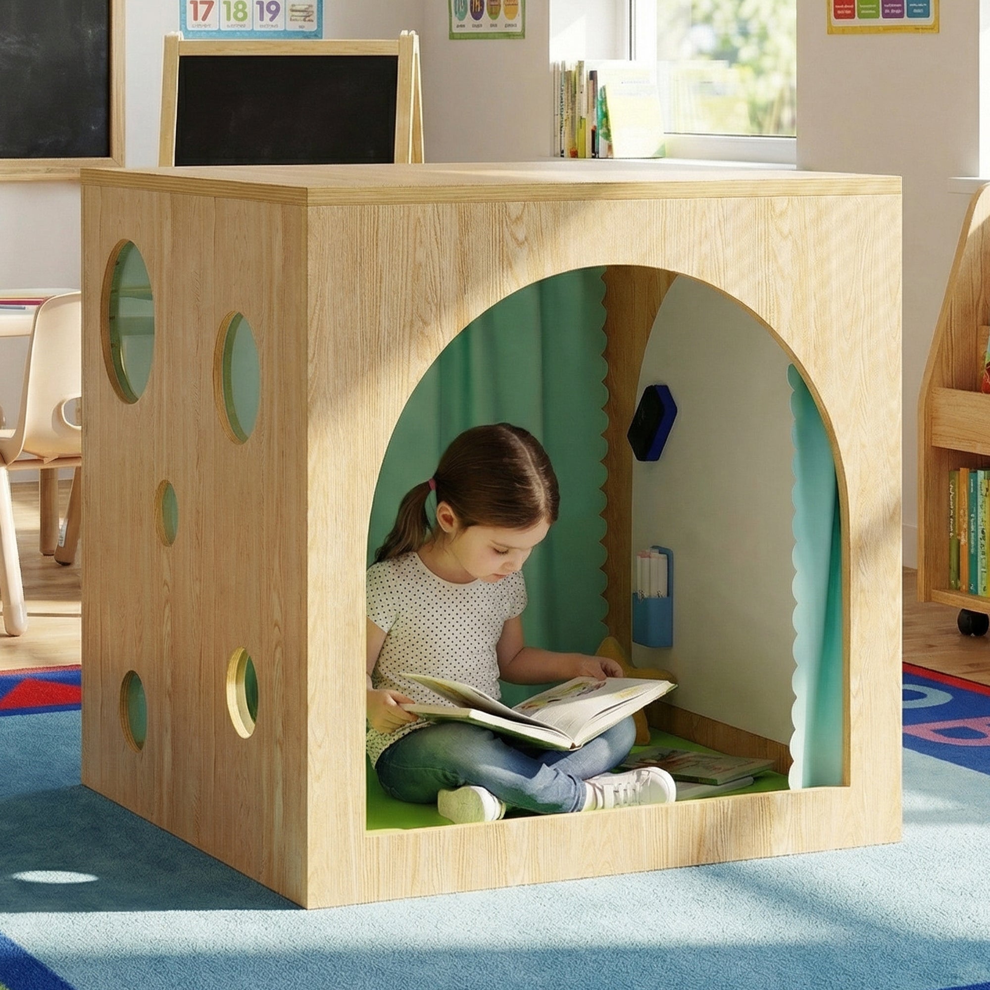 Child reading a book inside a wooden playhouse in a classroom setting.
