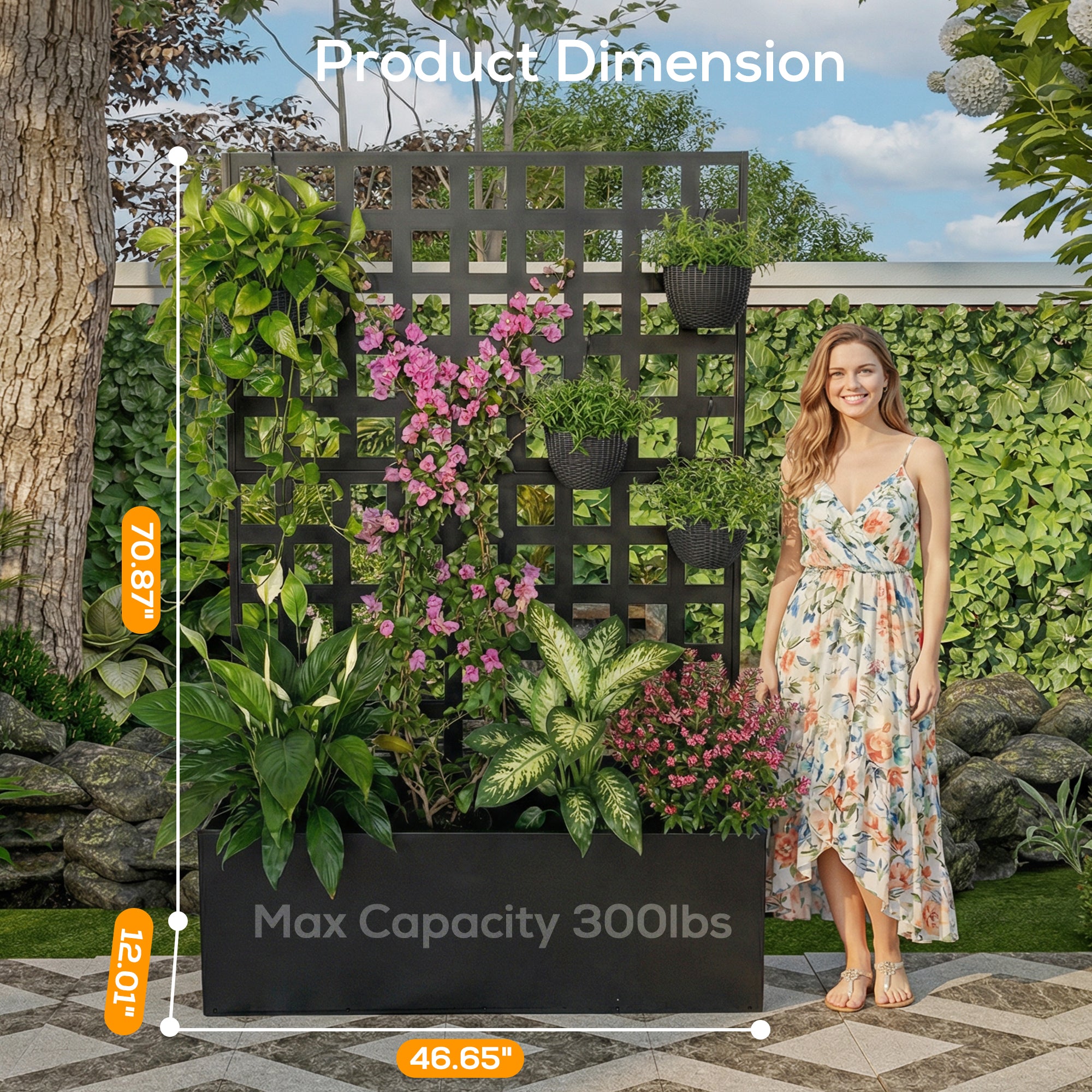Woman standing next to a large black planter with plants, showing product dimensions.