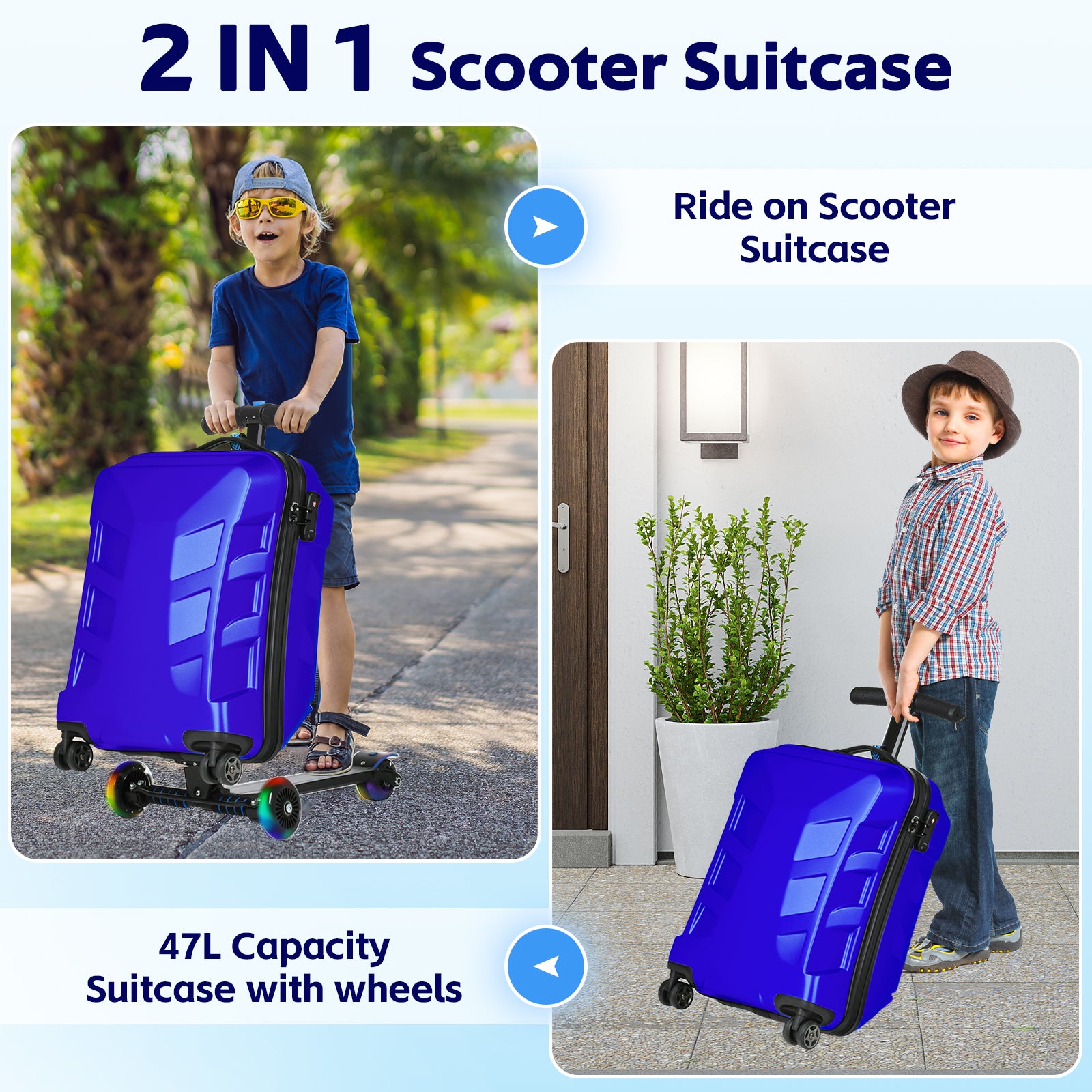 Advwin Scooter Suitcase with LED Wheels | Foldable 47L Travel Luggage