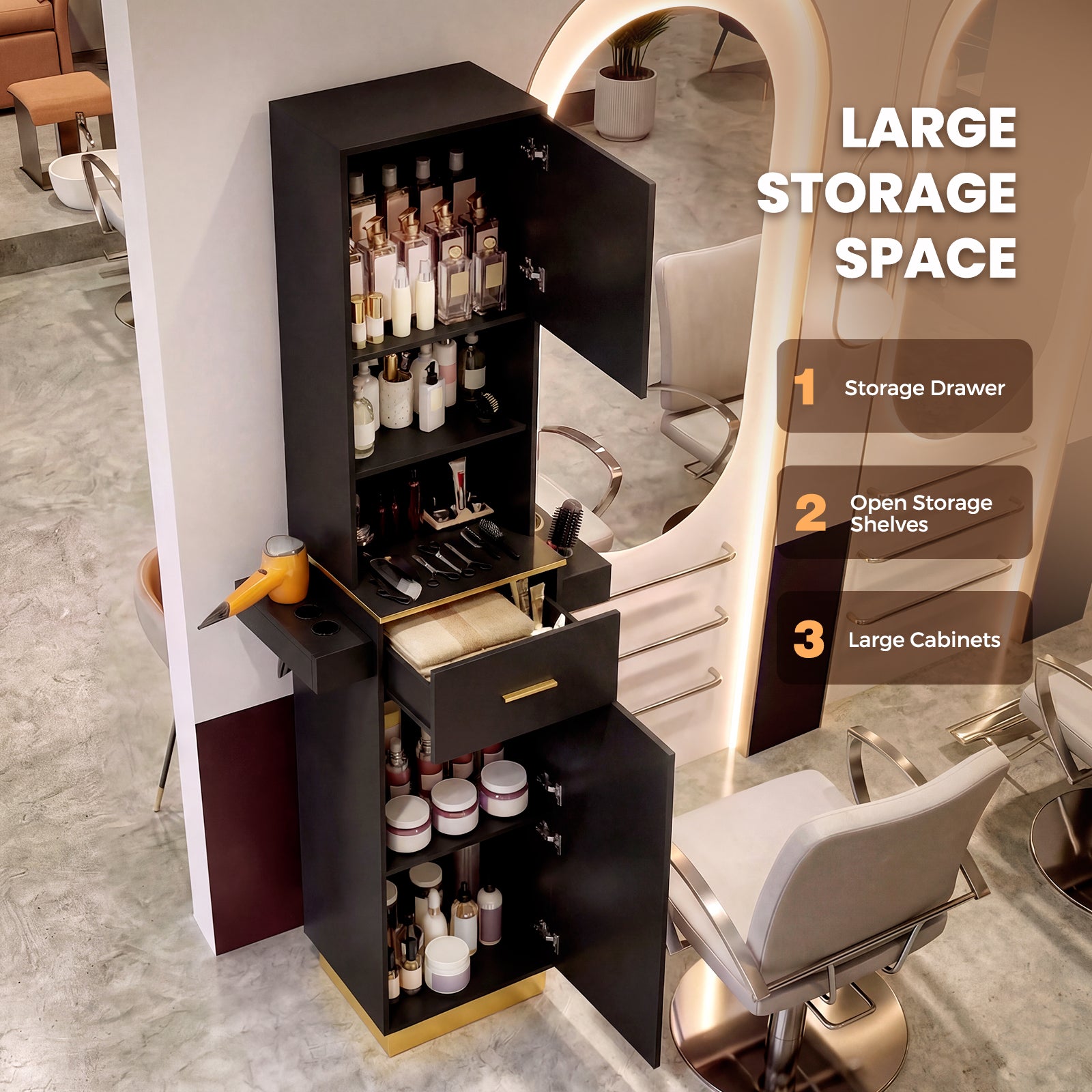 Hair salon station with storage cabinet, chairs, and products on a marble floor.