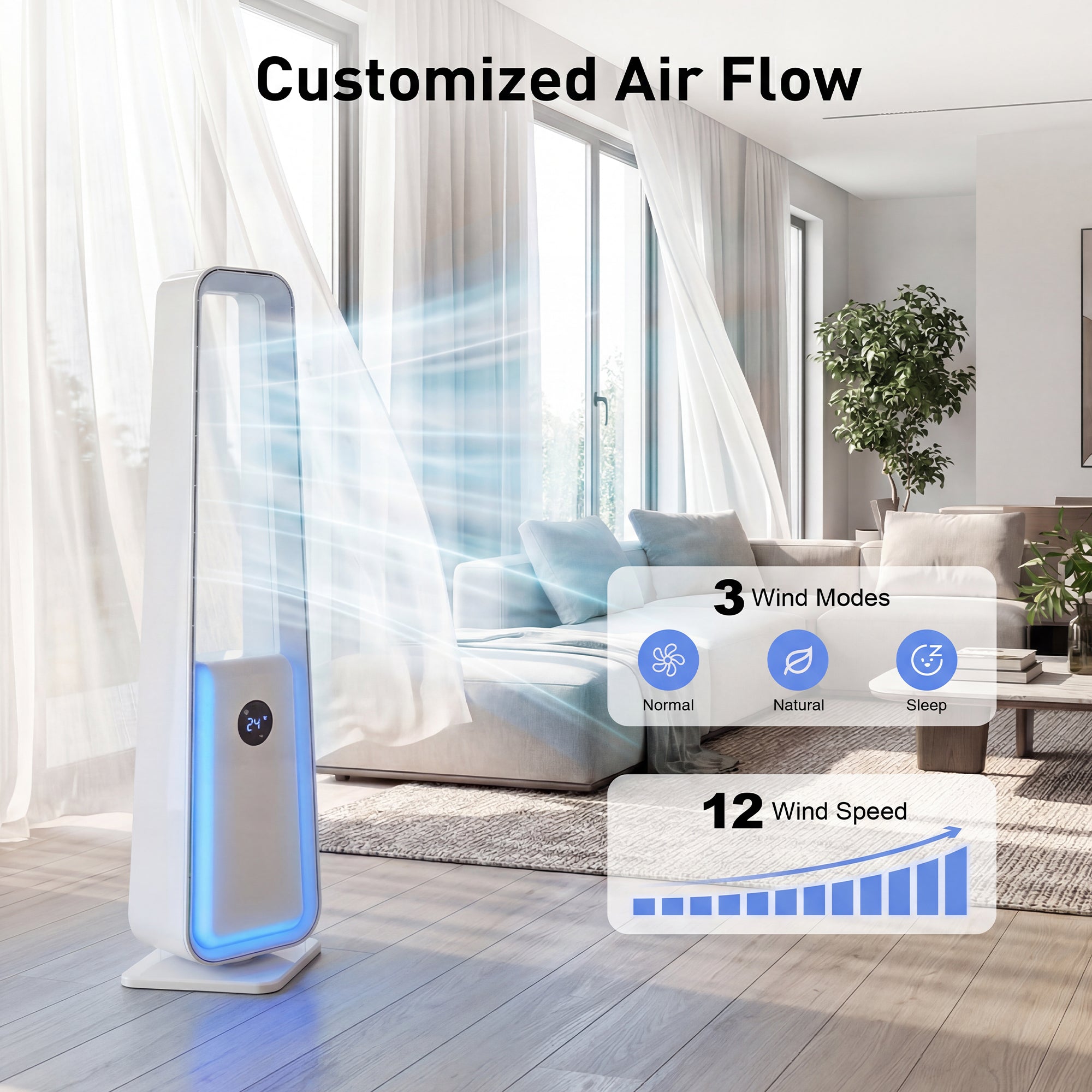 Air purifier in a living room with customizable air flow features displayed.