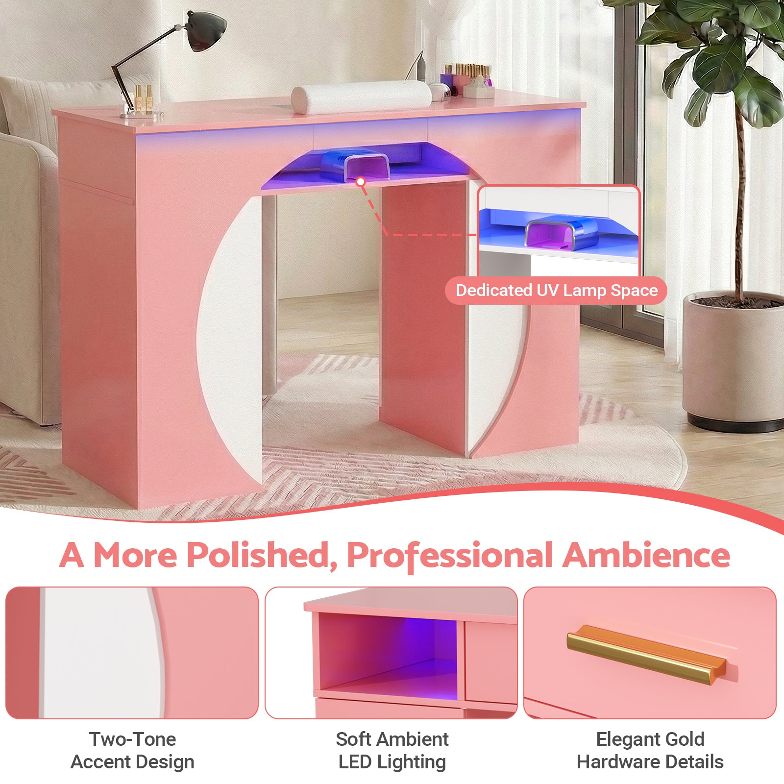 Pink desk with LED lighting and gold hardware in a room setting