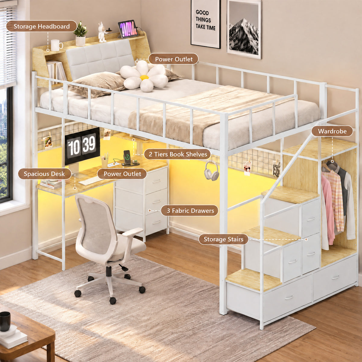 Advwin Loft Bed with Storage Headboard & Power Outlets