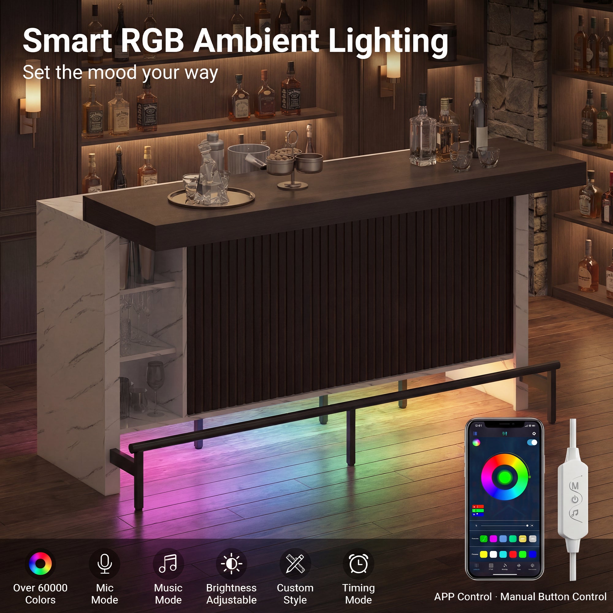 Smart RGB ambient lighting system in a bar setting with smartphone app control.
