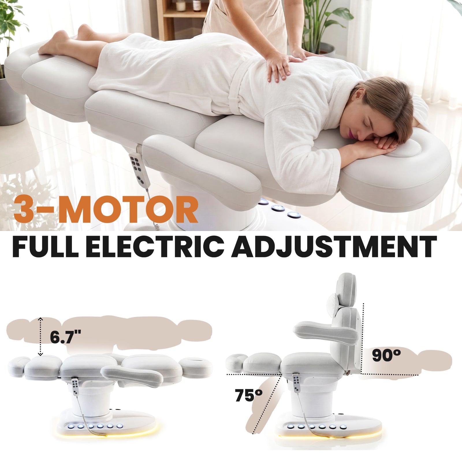 Woman receiving a massage on a white massage chair with 3-motor full electric adjustment features.