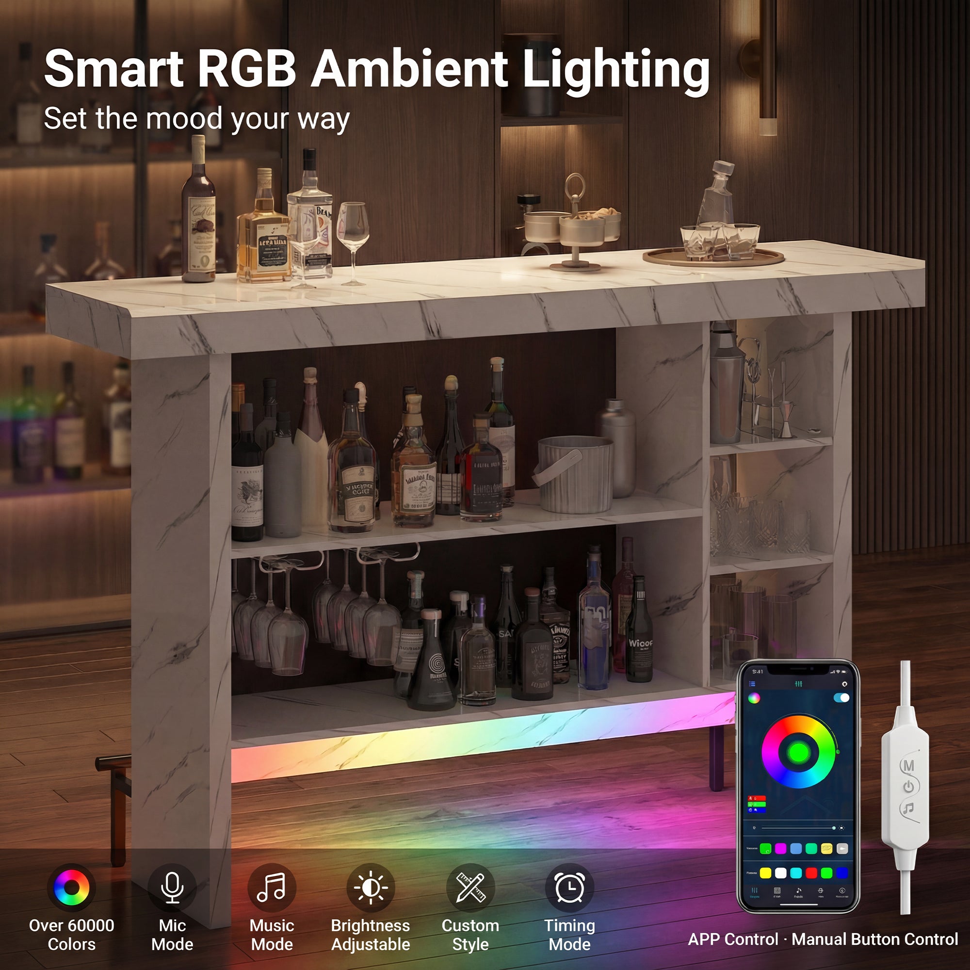 Bar setup with smart RGB ambient lighting control panel and smartphone app.