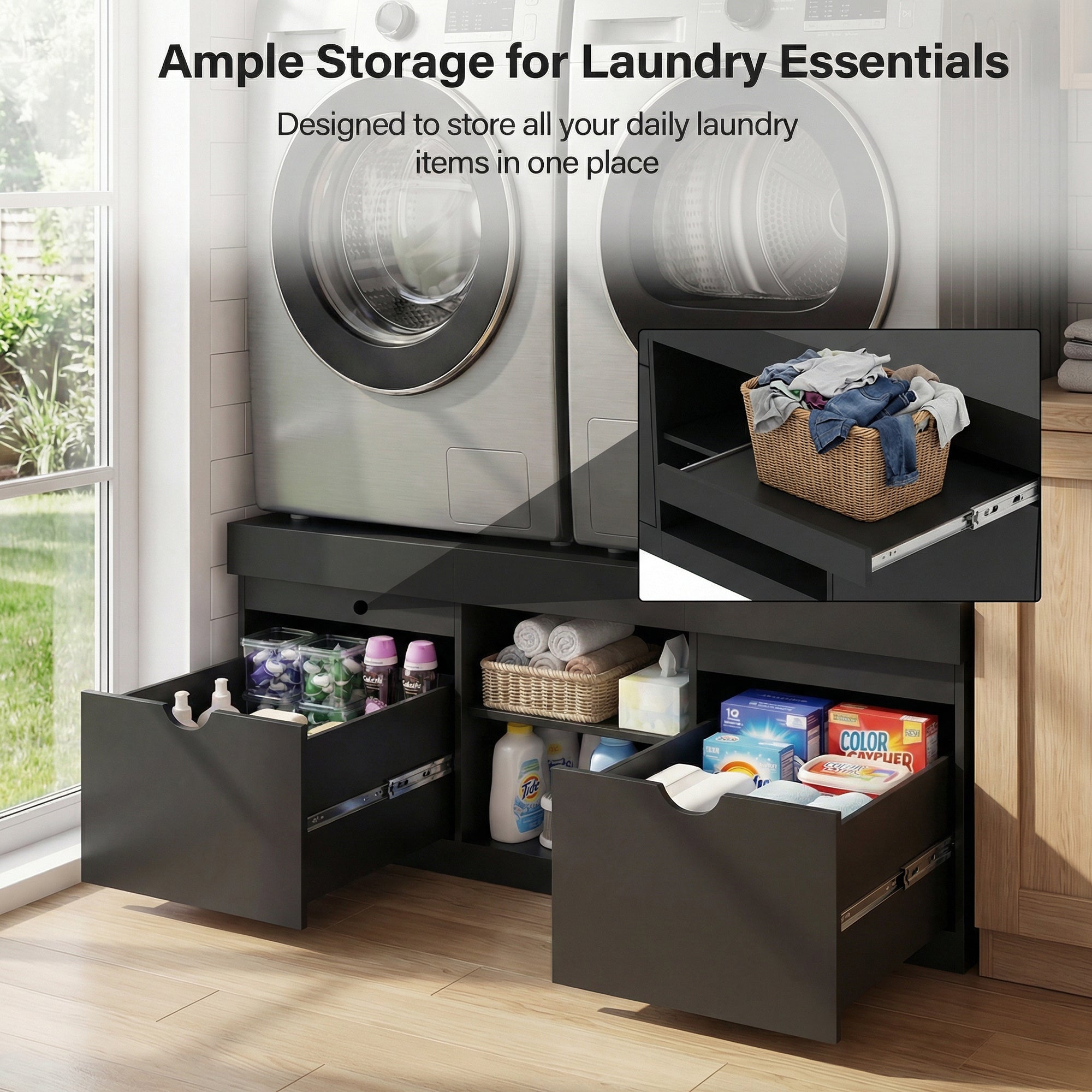  laundry storage unit with drawers open, showing laundry items, in a laundry room setting.