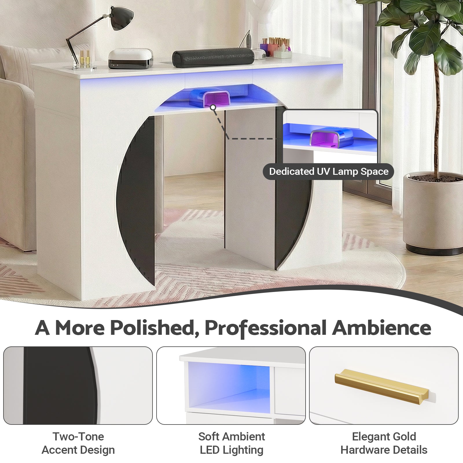 Modern desk with UV lamp space, two-tone design, LED lighting, and gold hardware.
