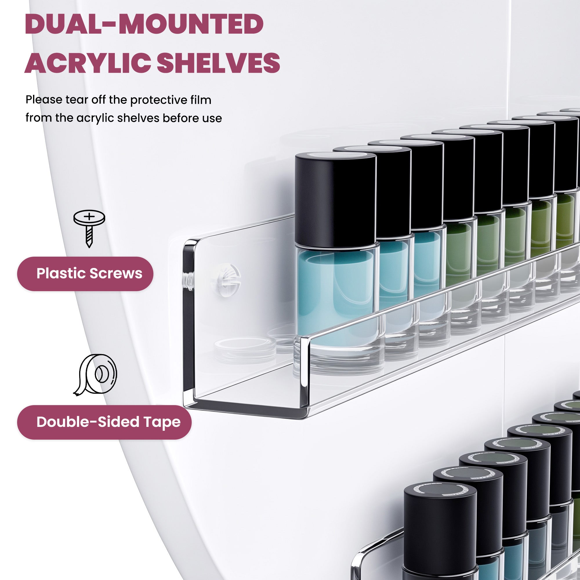 Nail polish bottles on a dual-mounted acrylic shelf with installation instructions.