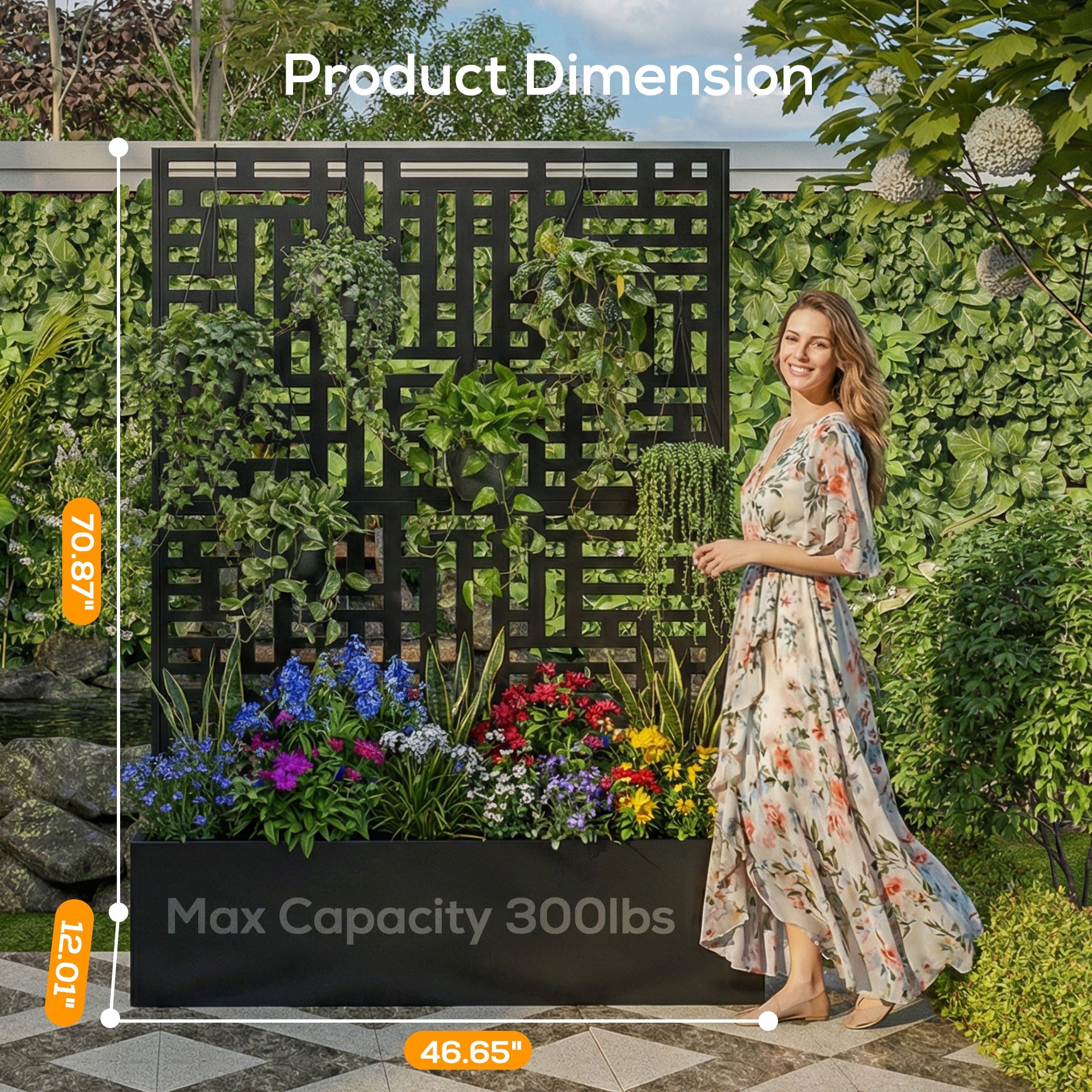 Woman standing next to a decorative garden screen with measurement details
